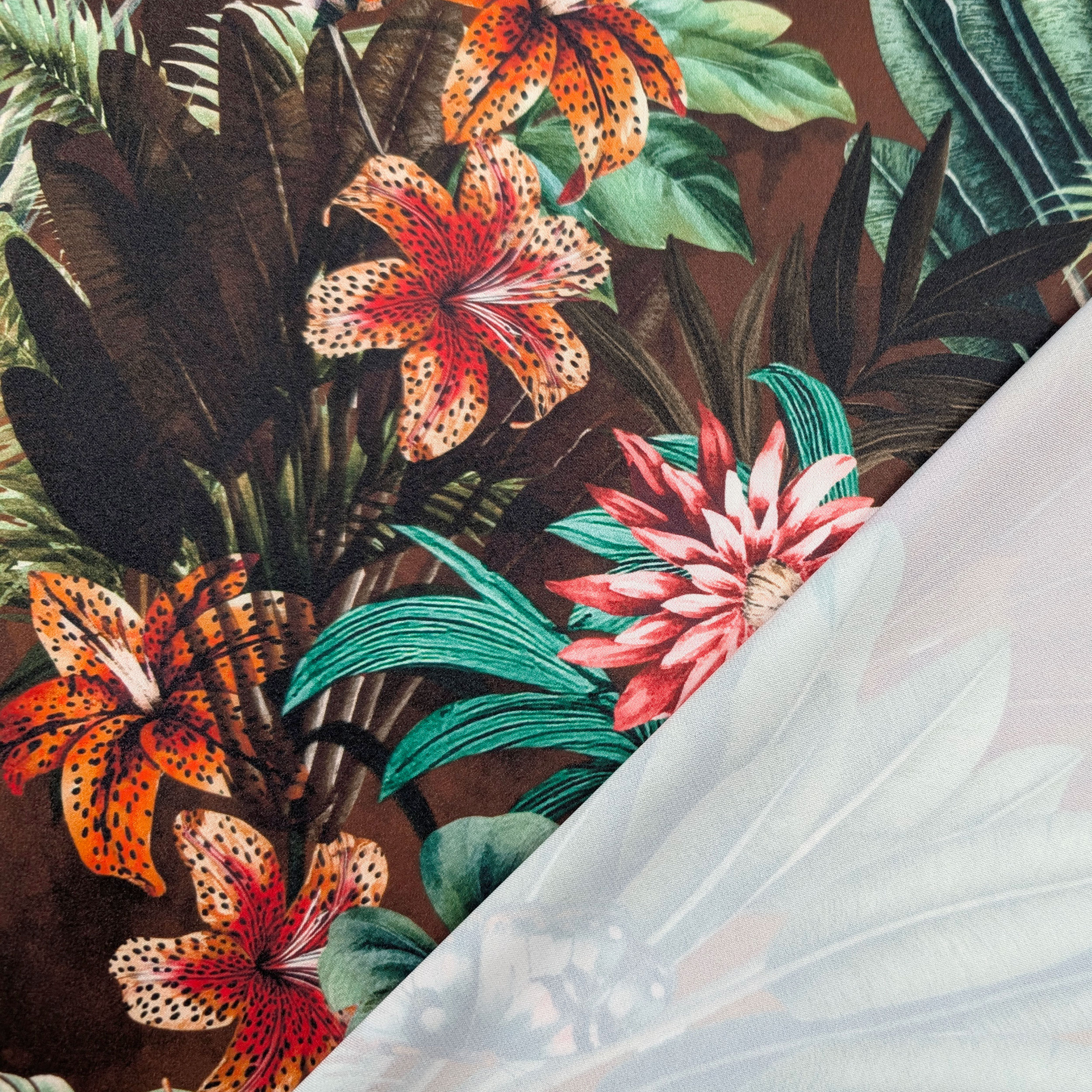 Satin Set High Fashion Brown Tropical Flowers and Leaves Image