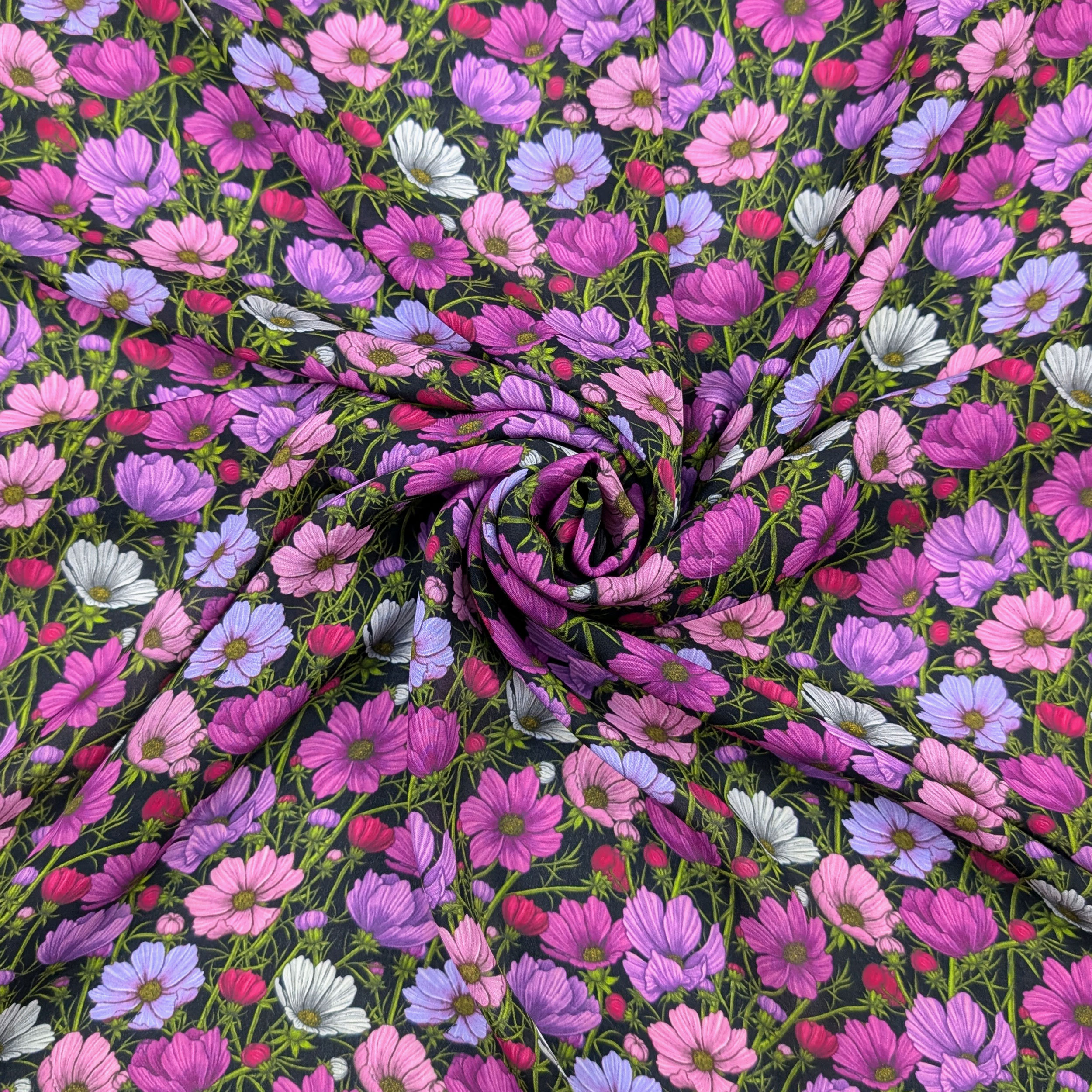 Pure Silk Georgette Pink and Lilac Flowers Image