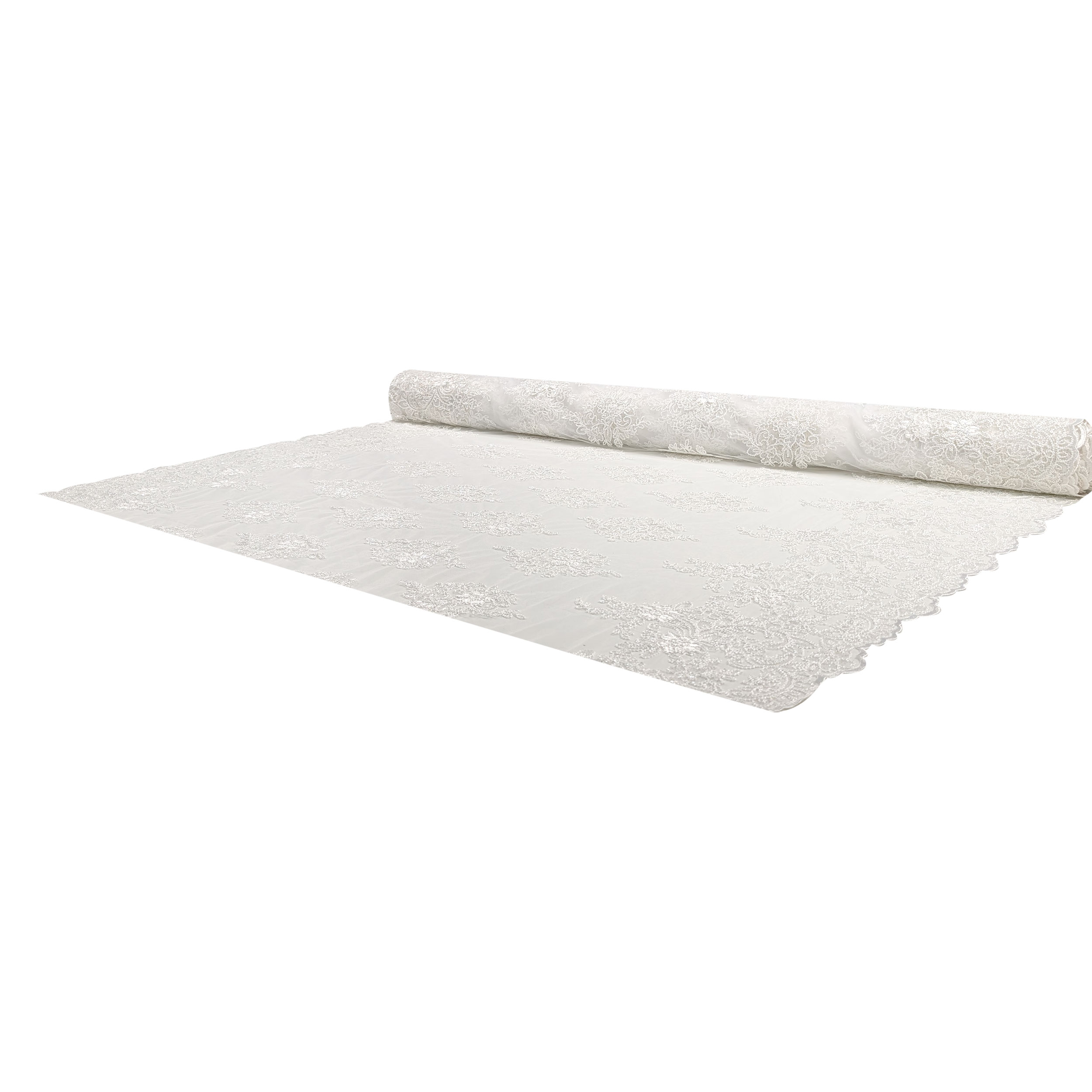 Tissu Tulle Broderie Paillettes Double Feston Blanc