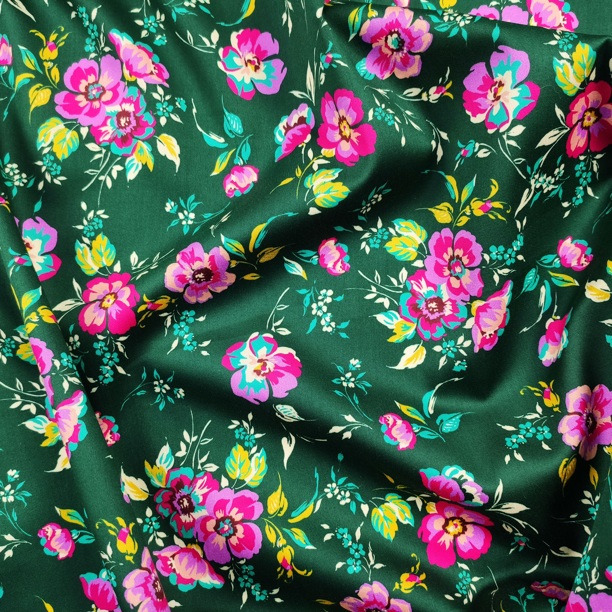 Cotton Rasatello with Floral Fantasy Background Dark Green