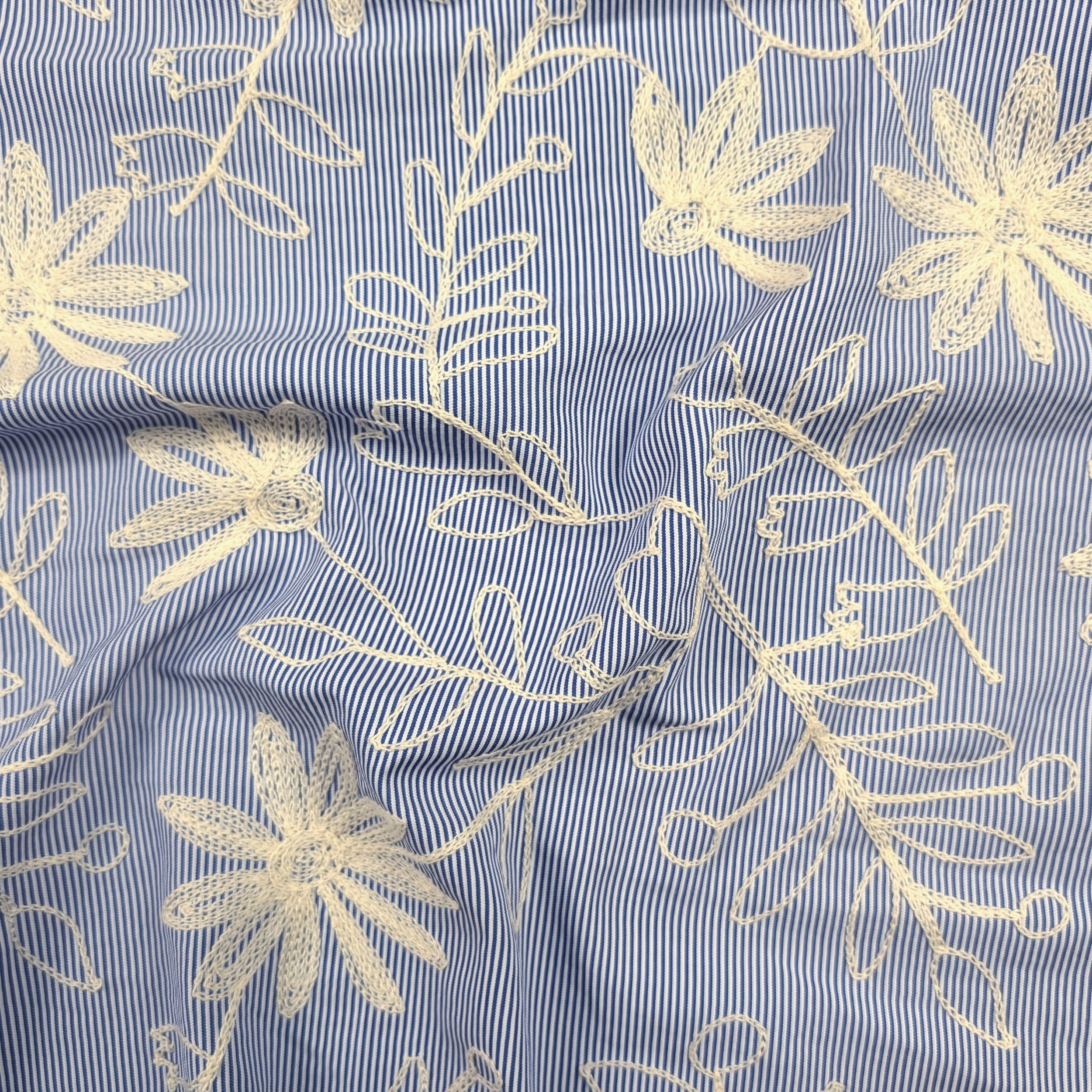 Blue Fine-Striped Cotton with Embroidered Flowers Image