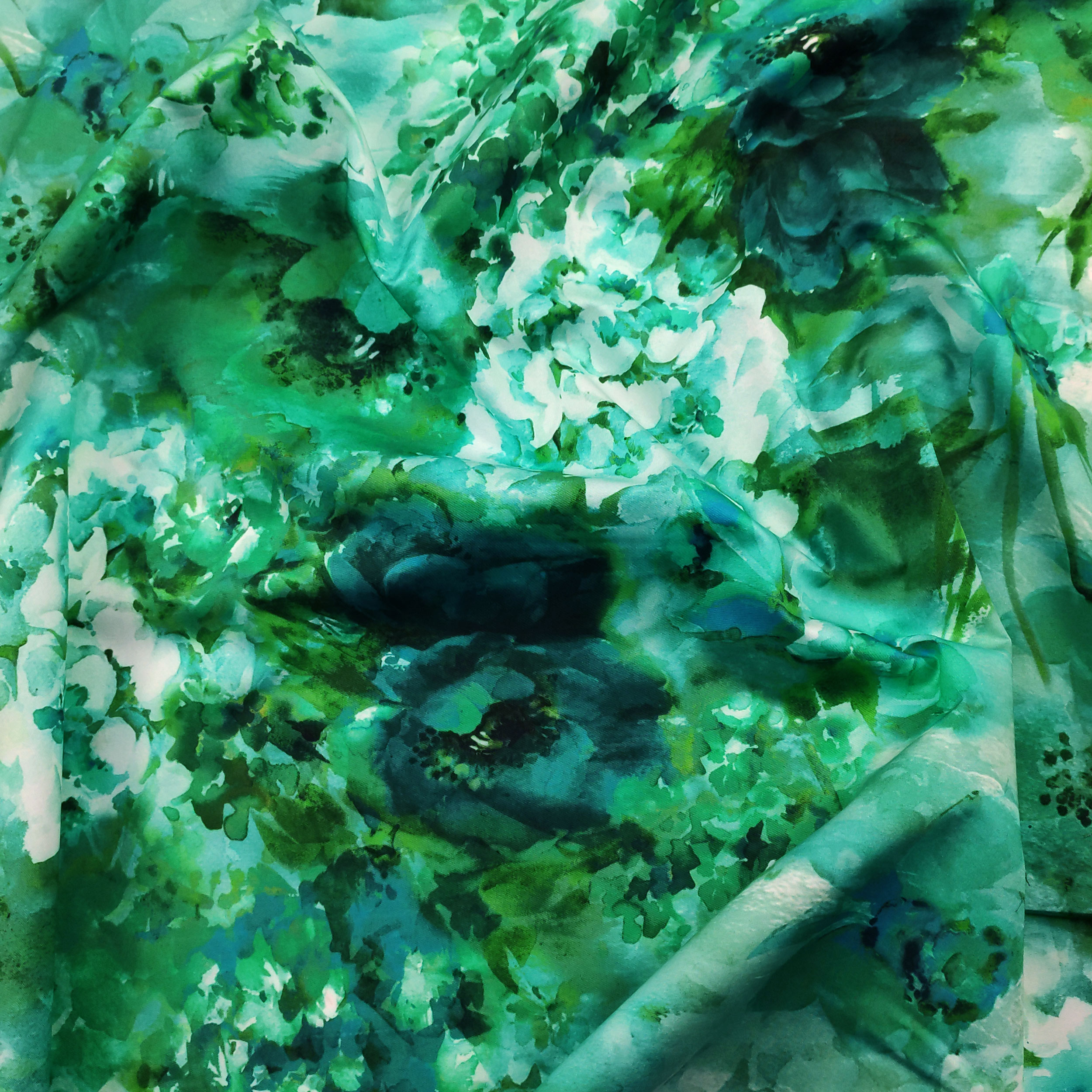 Stretch Cotton Painted Flower Pattern Green