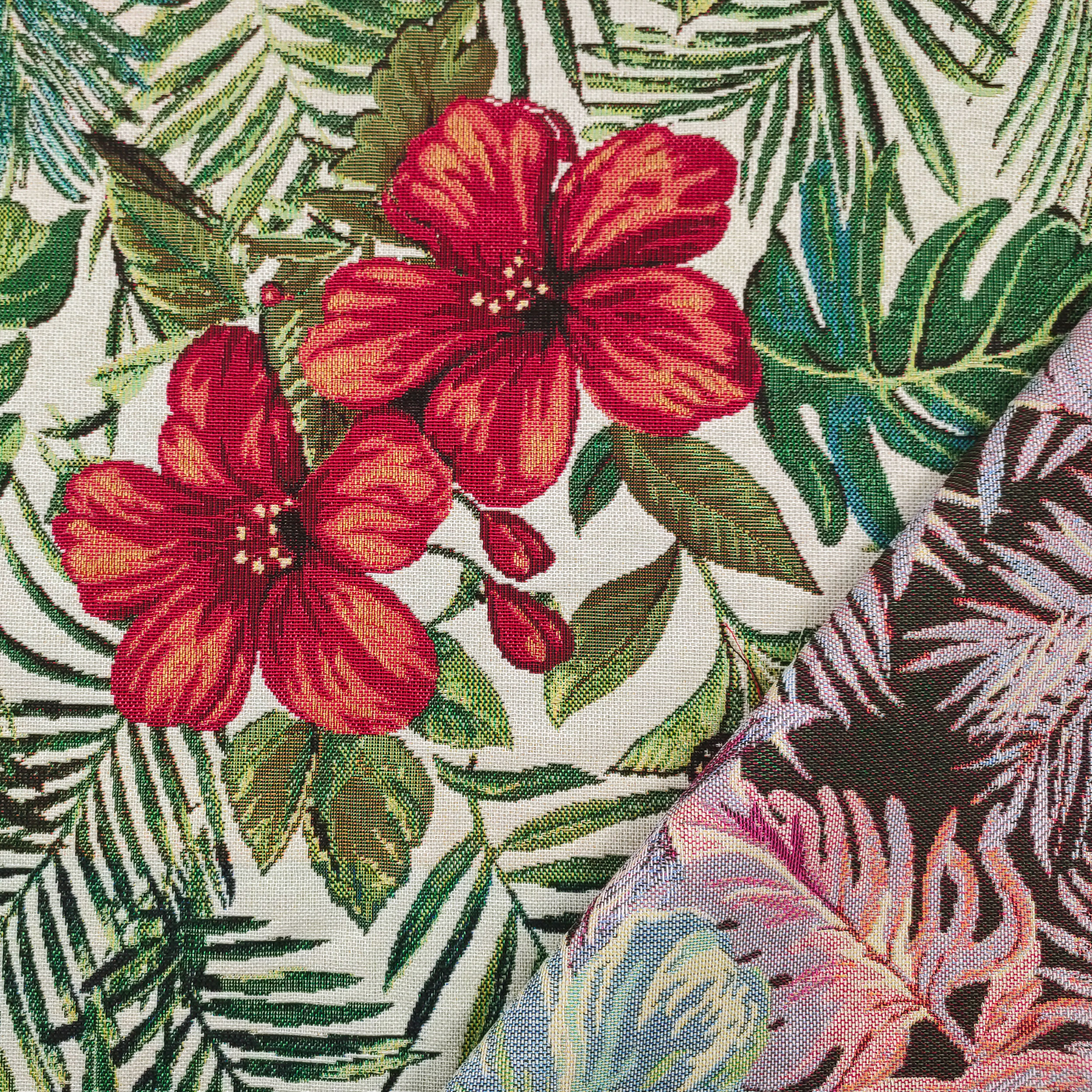 Tela de gobelino con estampado de flores tropicales