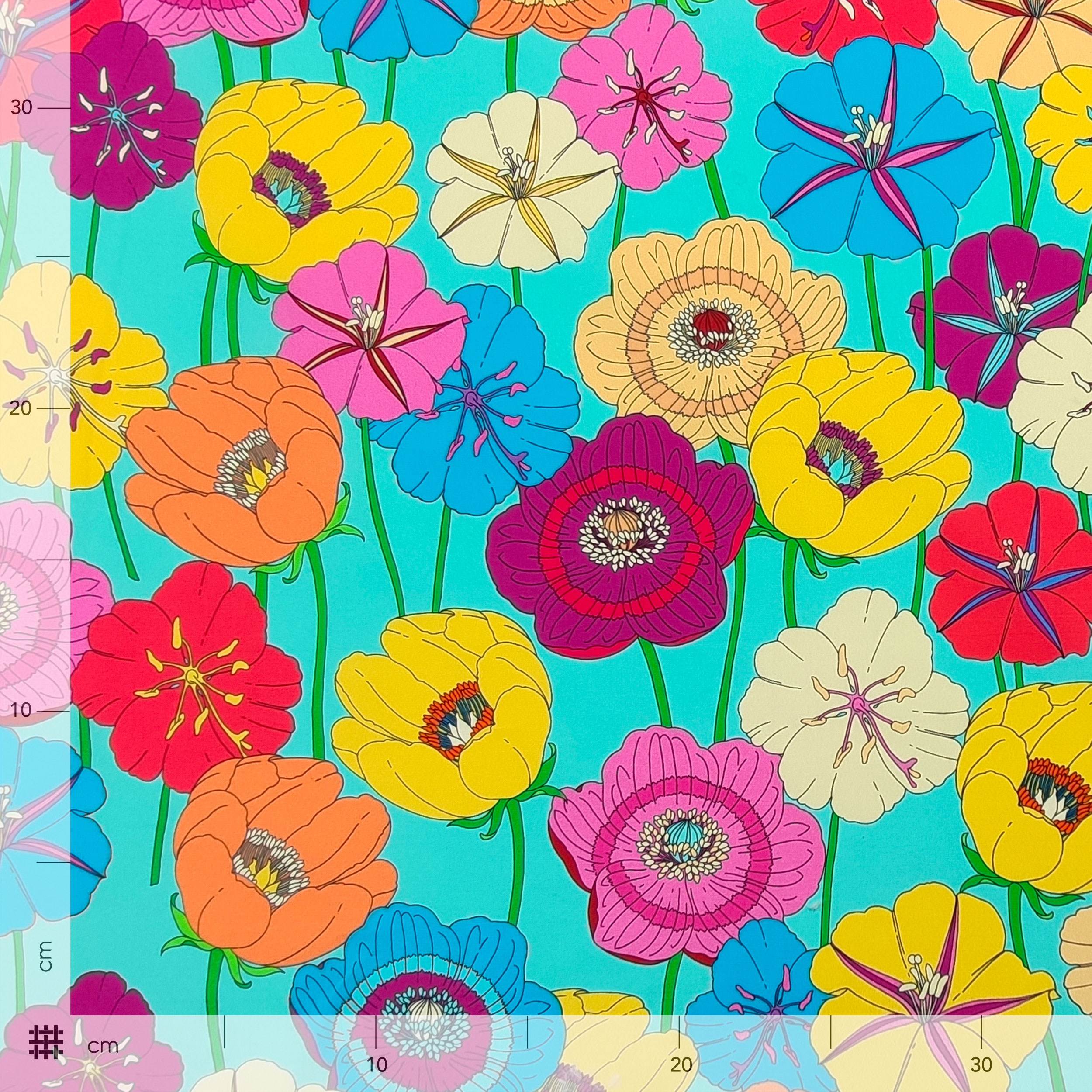 Cotton Coloured Flowers Turquoise Background