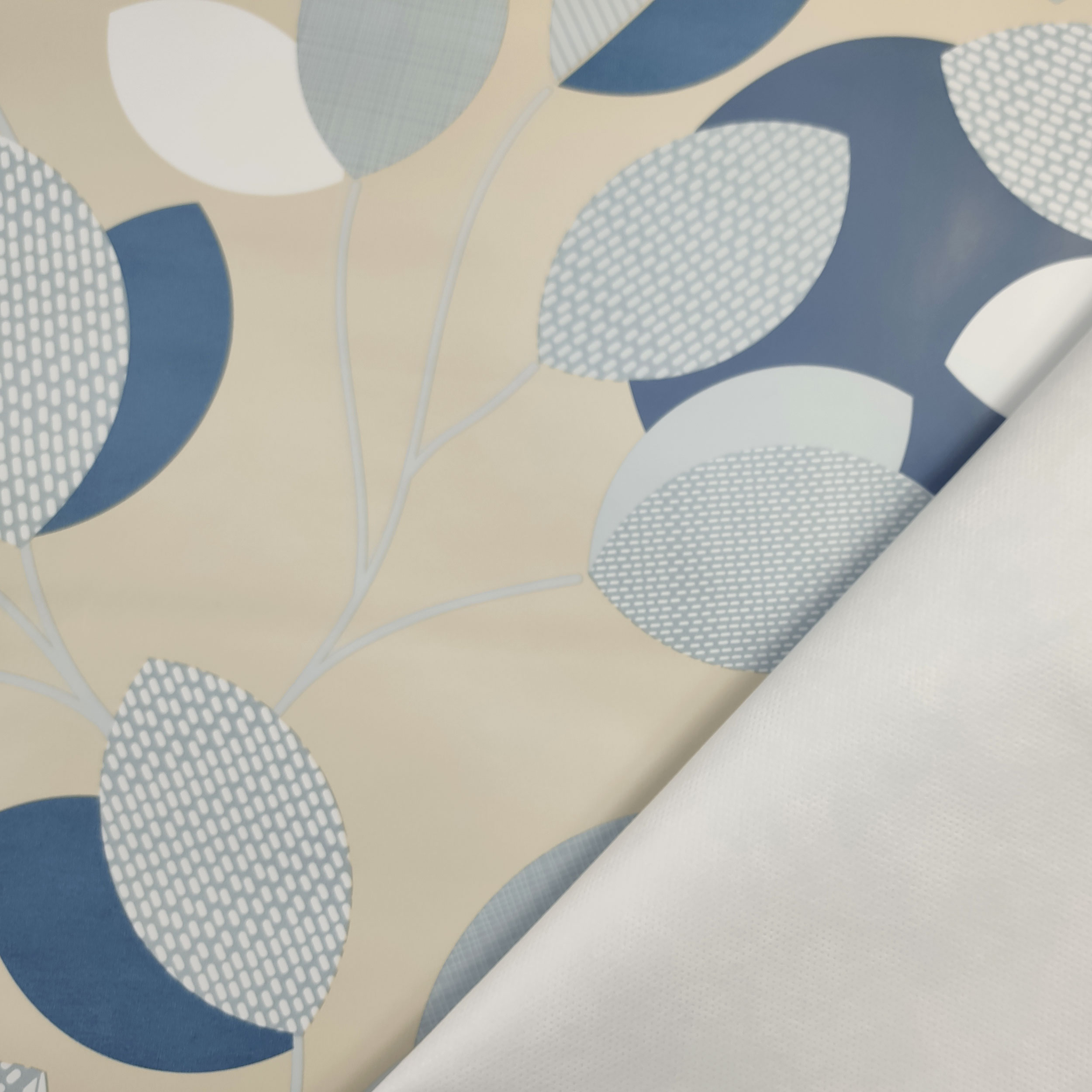 Fabric for Plastic-coated Tablecloth Light Blue Leaves