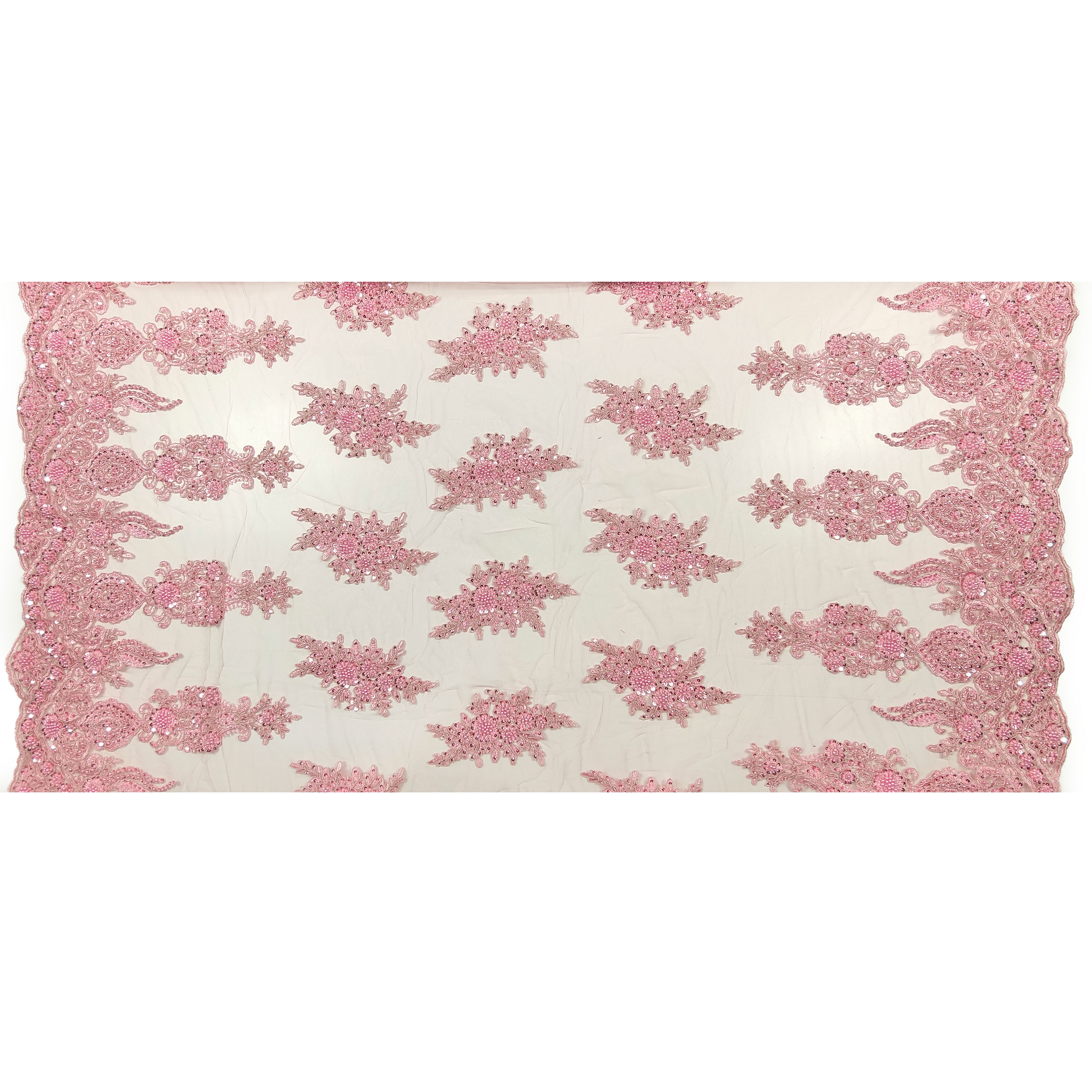 High Fashion Beaded Double Edge Floral Lace - Pink