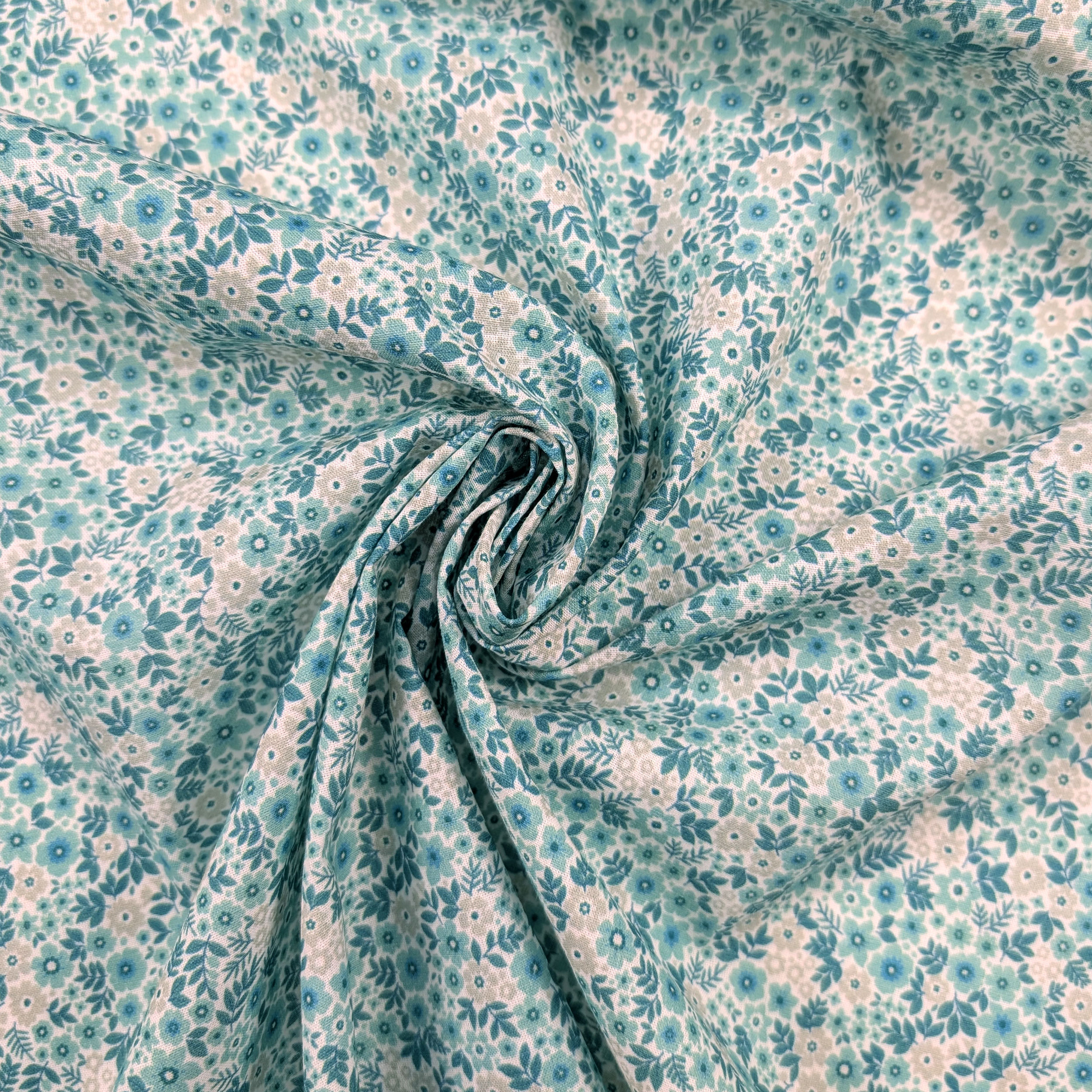 Percale Cotton with Small Flowers in Aquamarine Green Image