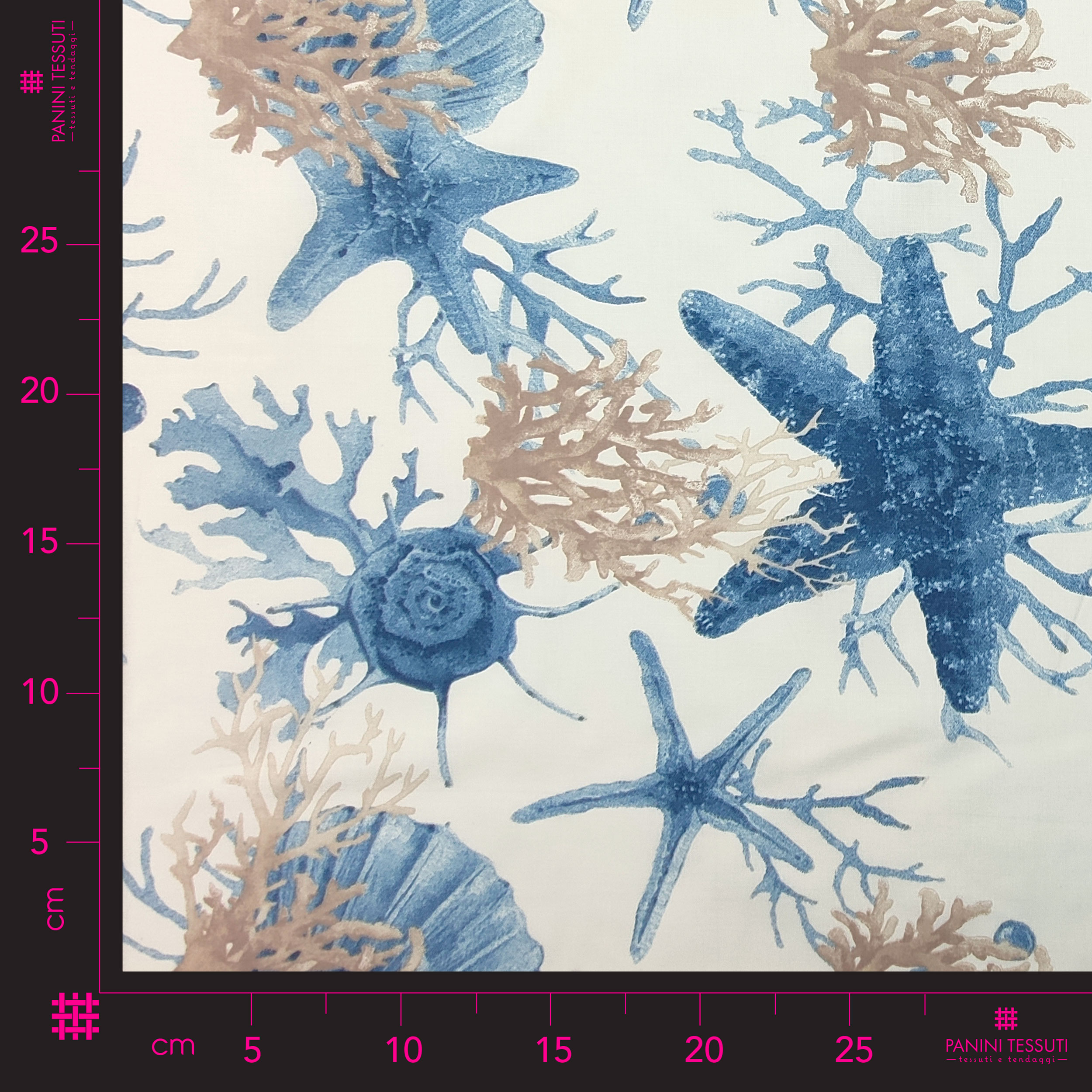 Tissu en coton avec étoiles de mer bleues et coraux Image