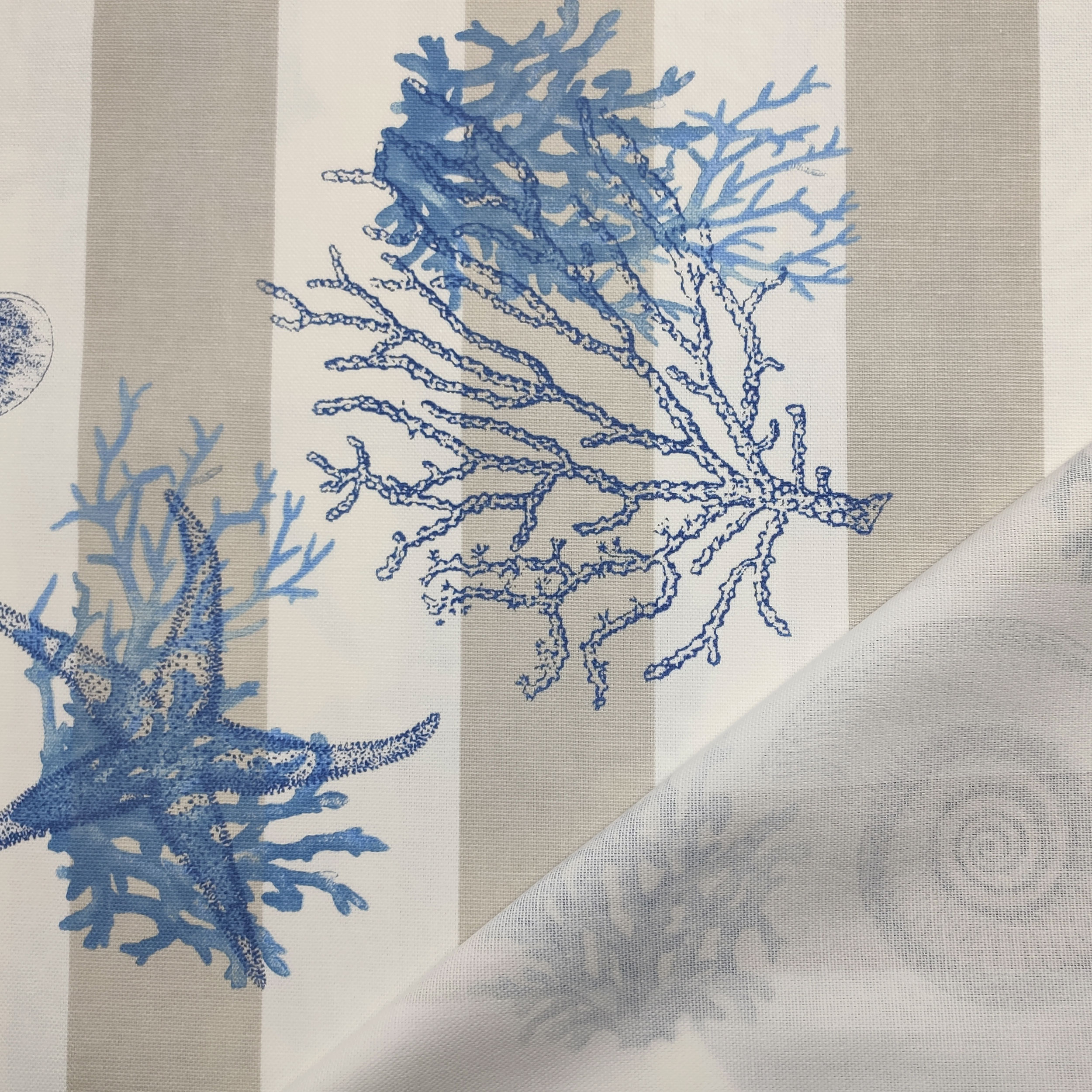 Panama Fabric White Beige Stripes Blue Shells