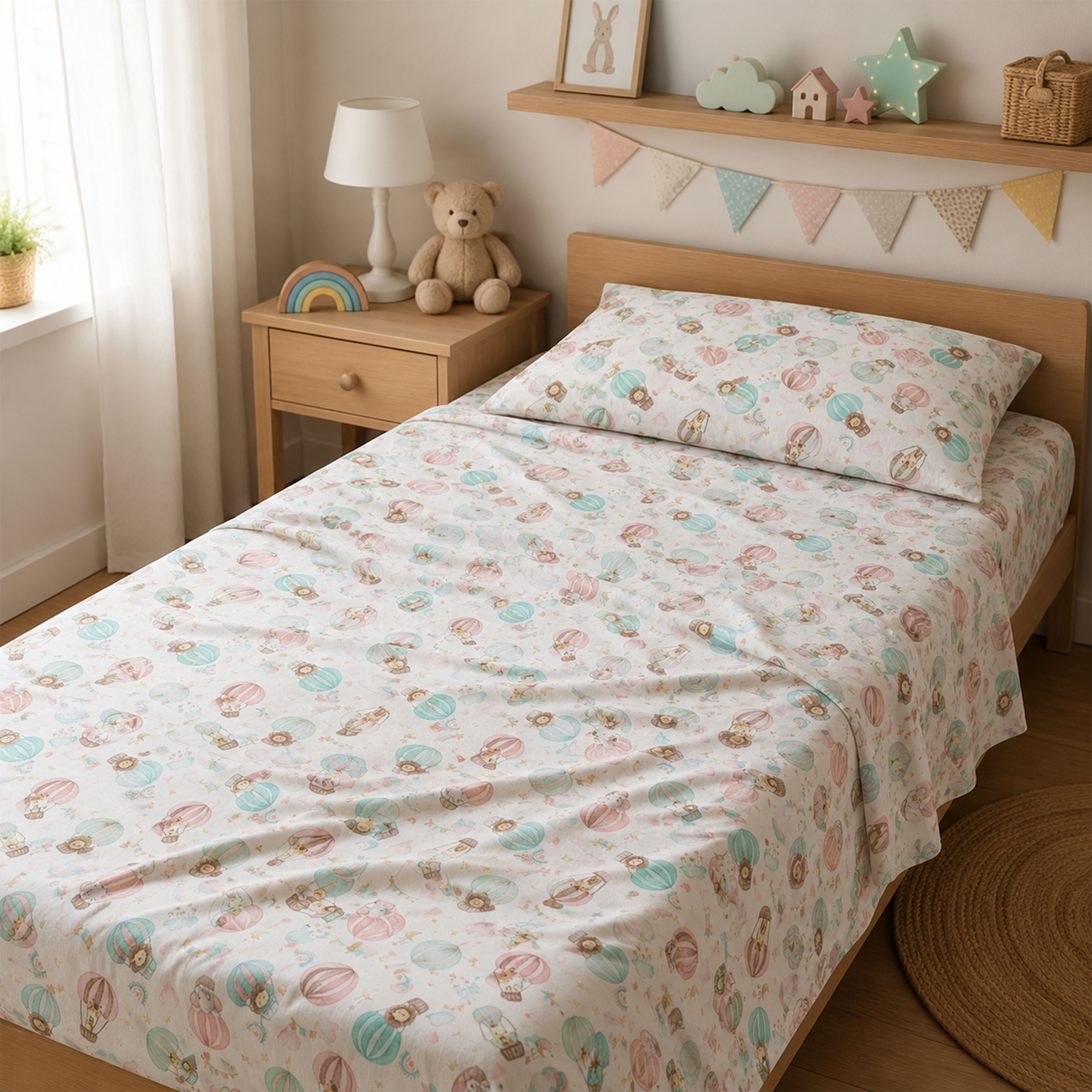 Percale Cotton with Animals on Hot-Air Balloons Image