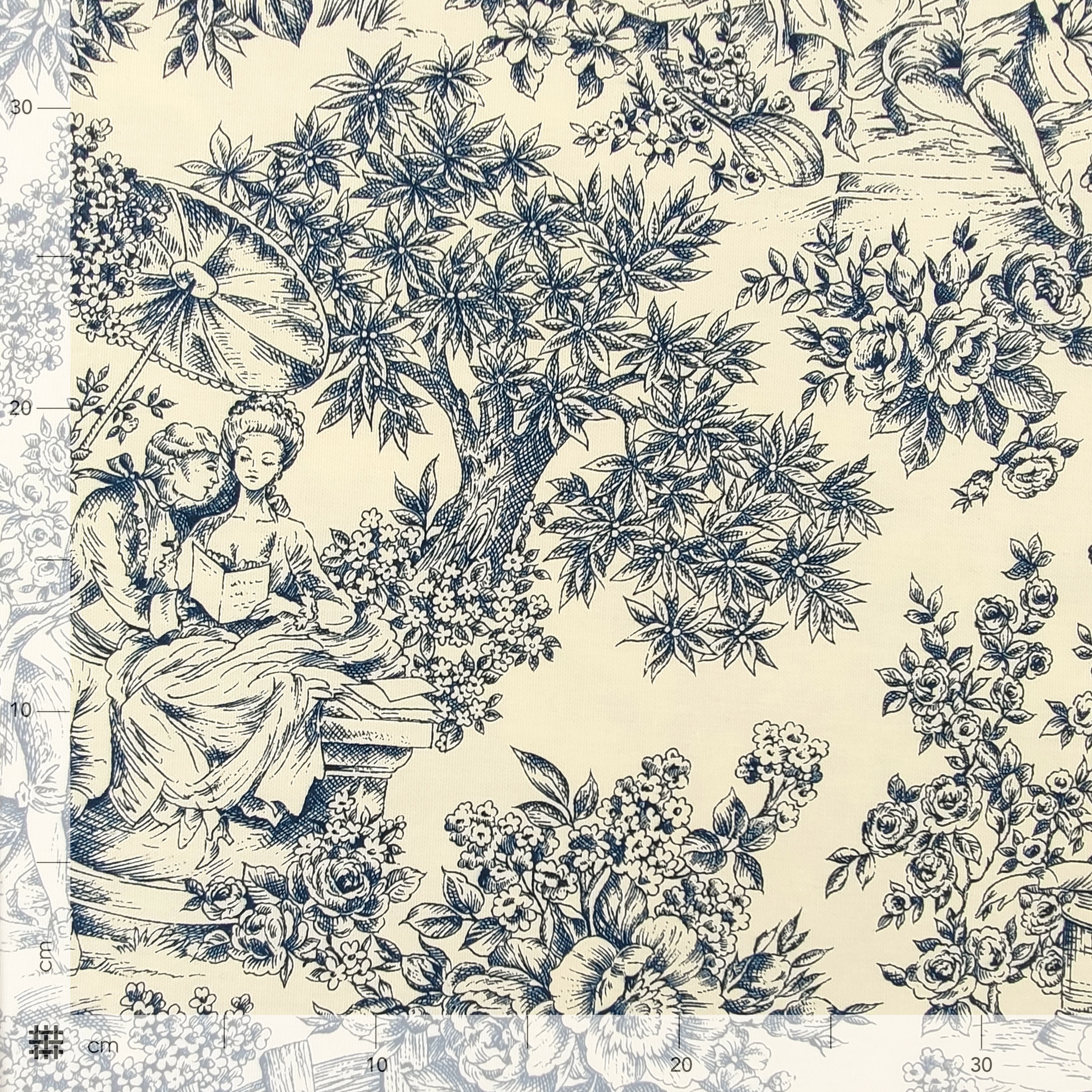 Panama Fabric Toile De Jouy Fond Bleu Crème