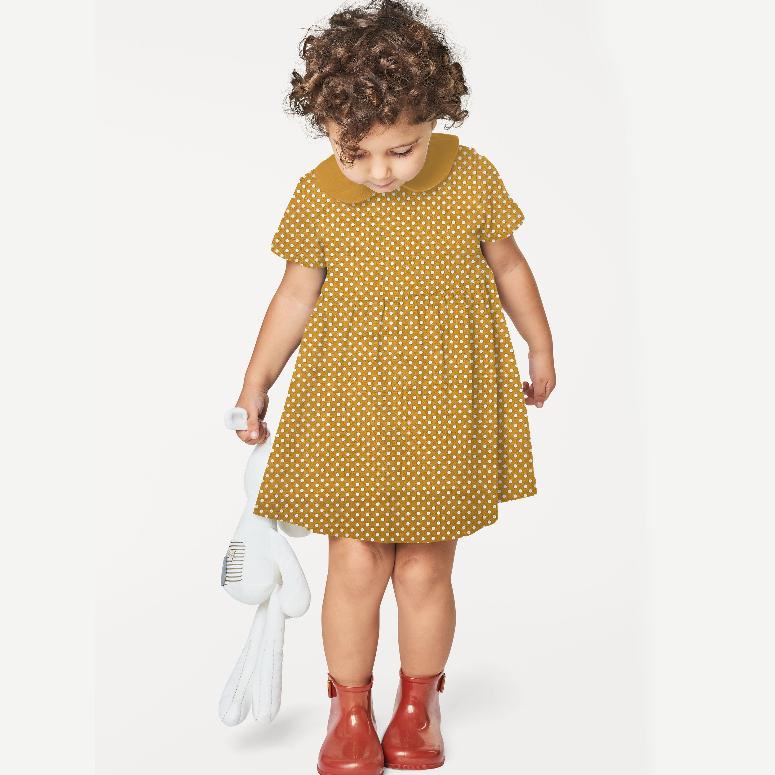 Baumwollstoff Senf Weiß Polka Dot