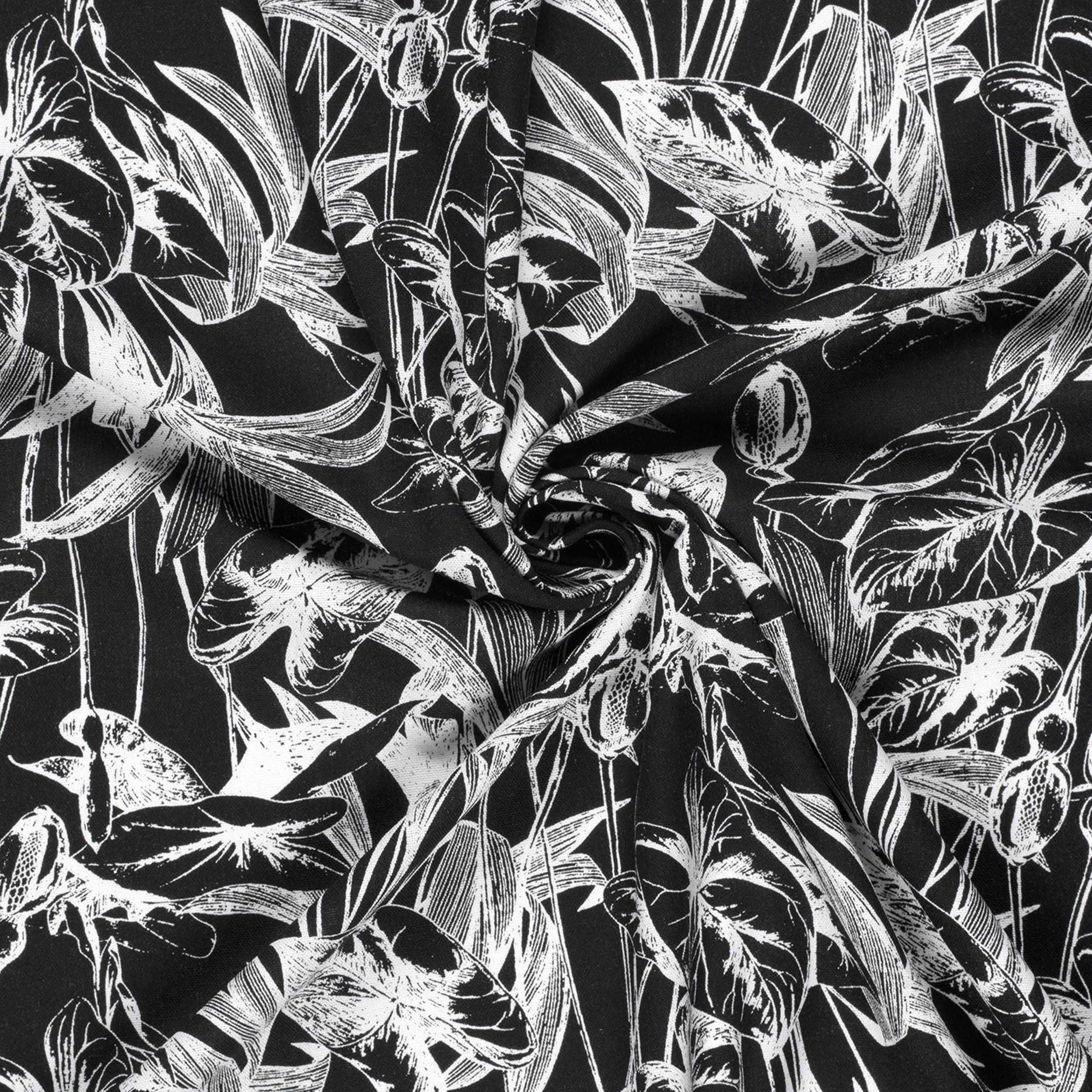 Mezcla de lino con hojas tropicales en blanco y negro