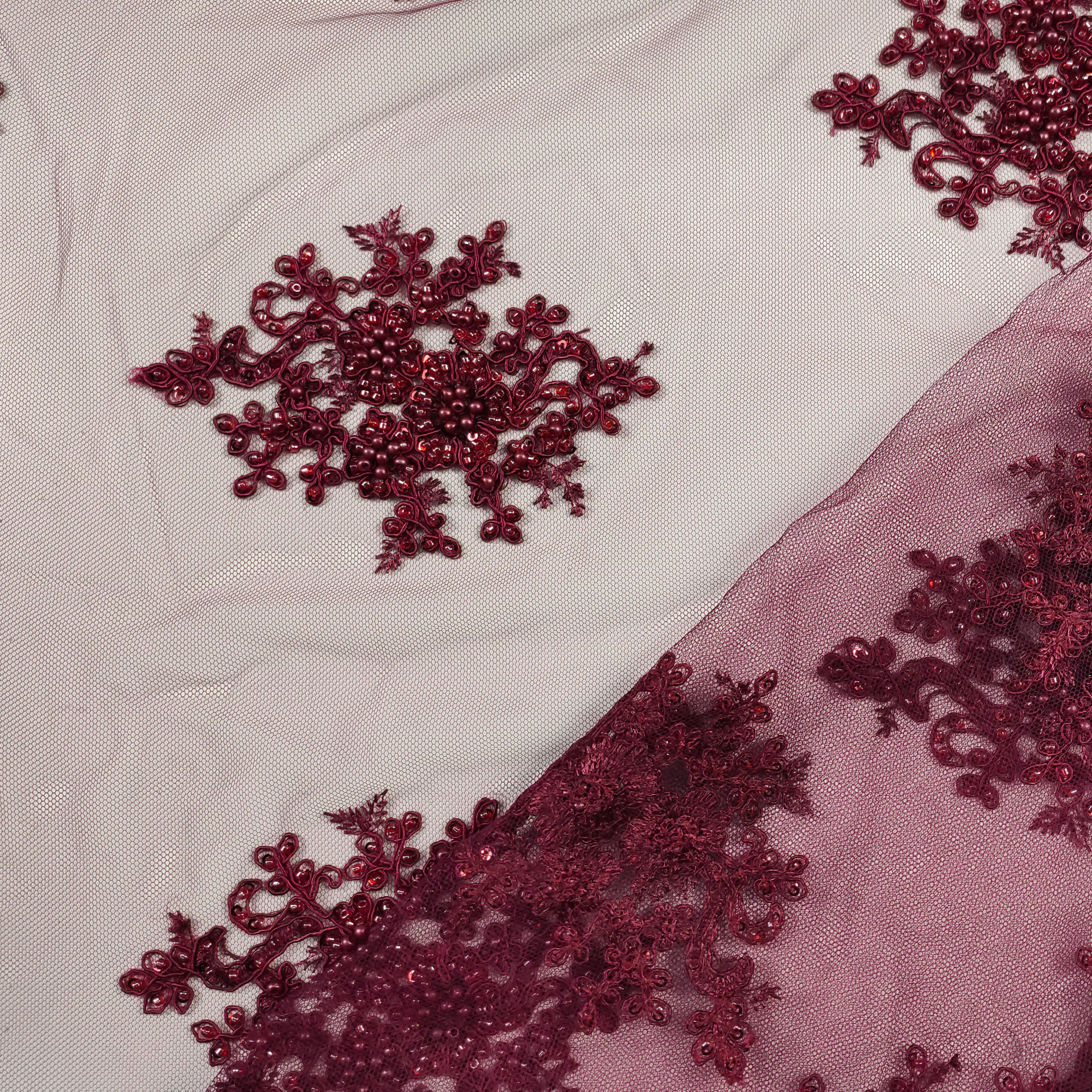 Tulle brodé perlé Lux Bordeaux