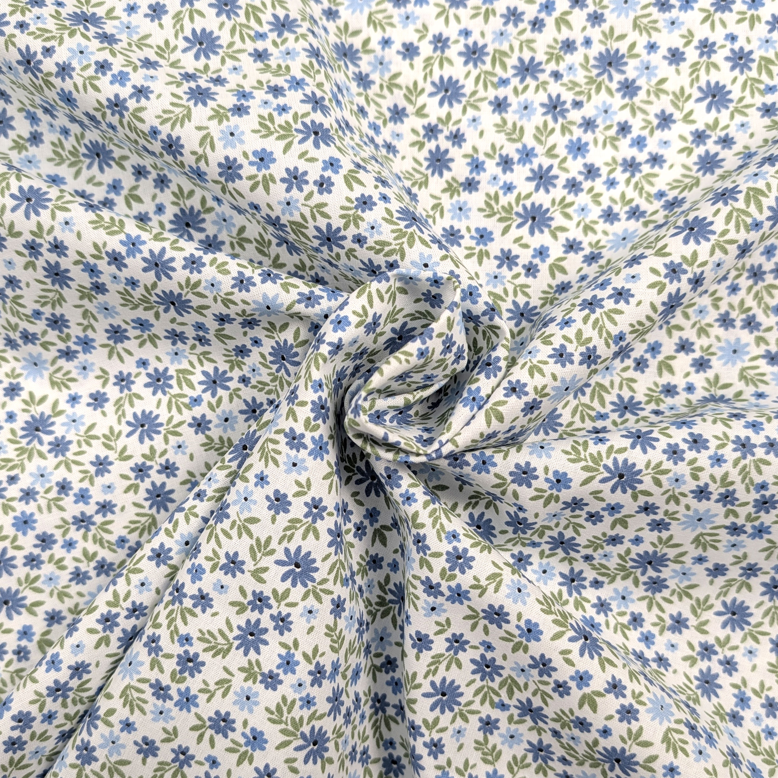 Light Blue and Blue Flowered Cotton Poplin