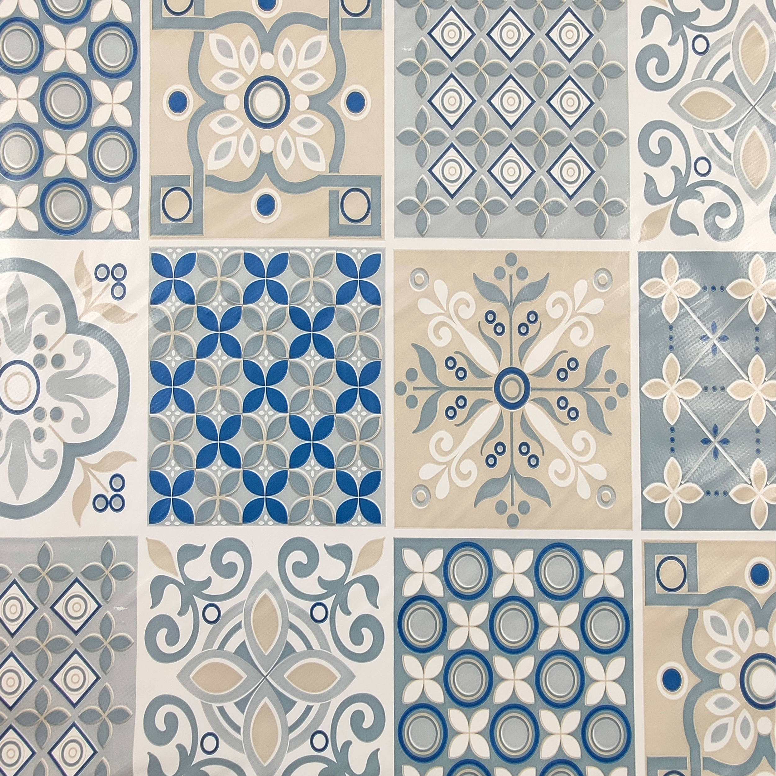 Plastic-coated Tablecloth Fabric Blue and Beige Floral Tiles Image