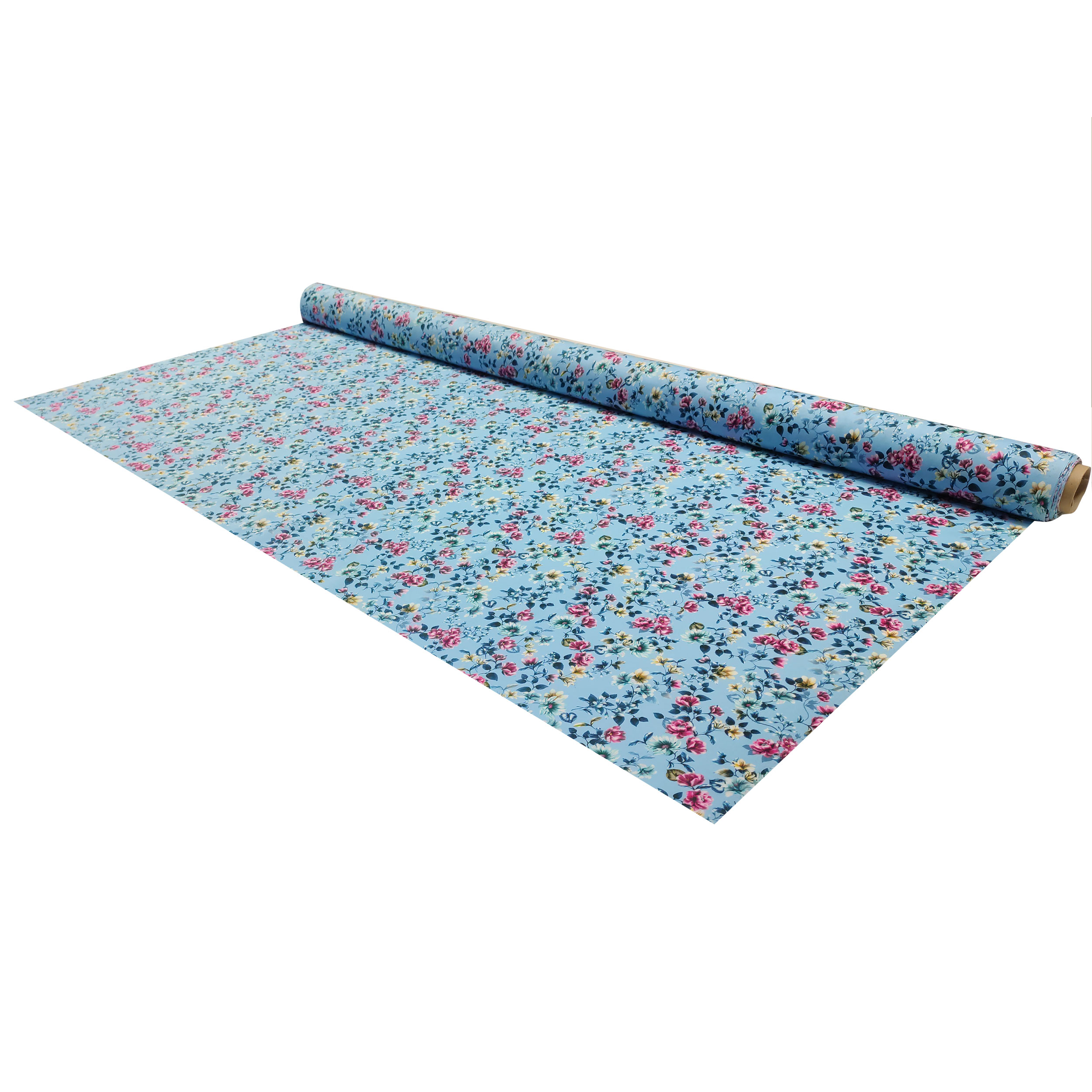 Cotton Rasatello Blue Background with Flowers Image