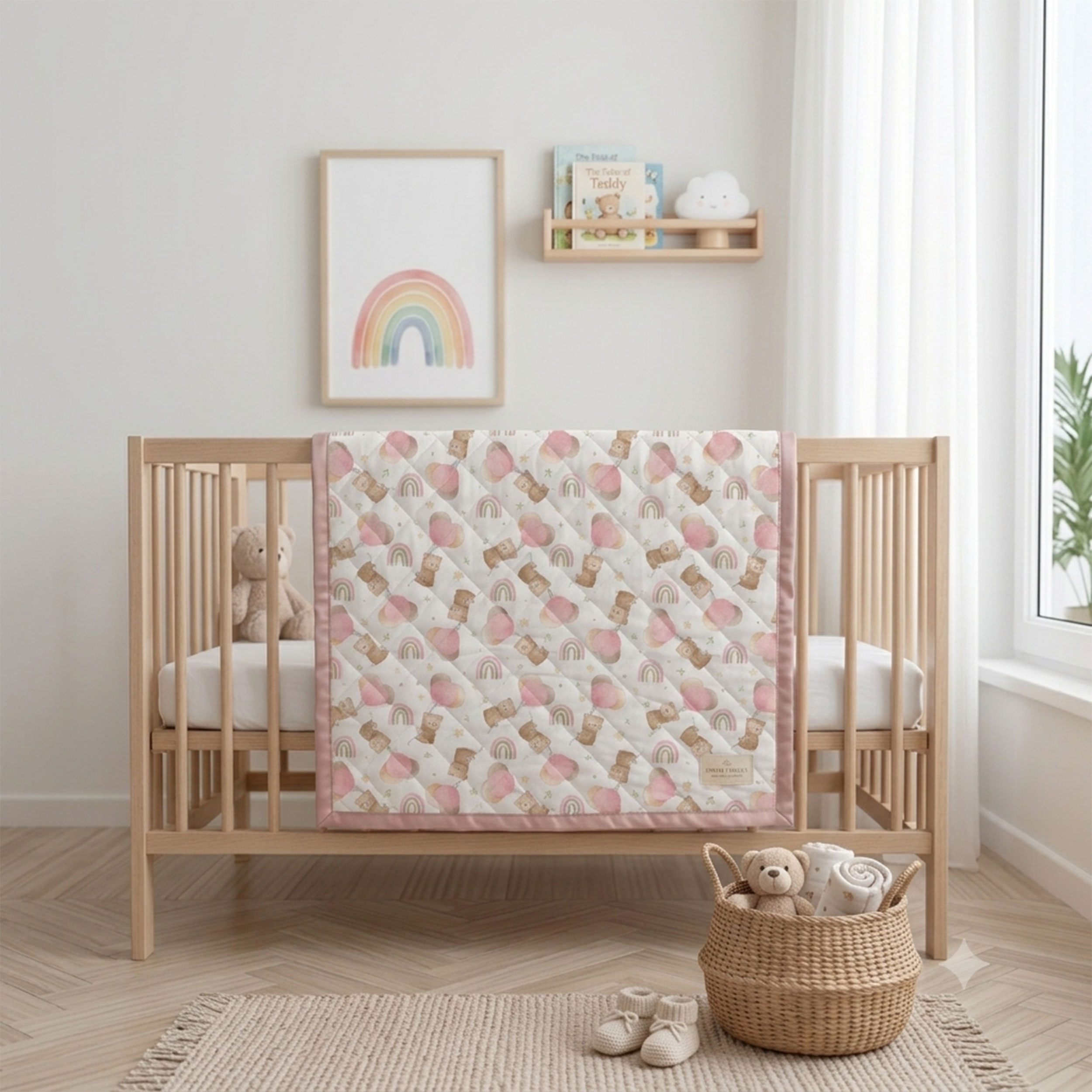 Pink Quilted Fabric with Bears and Balloons Image
