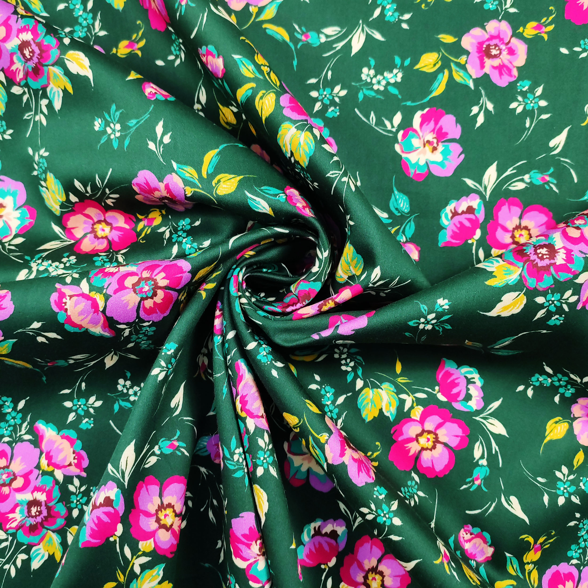 Cotton Rasatello with Floral Fantasy Background Dark Green