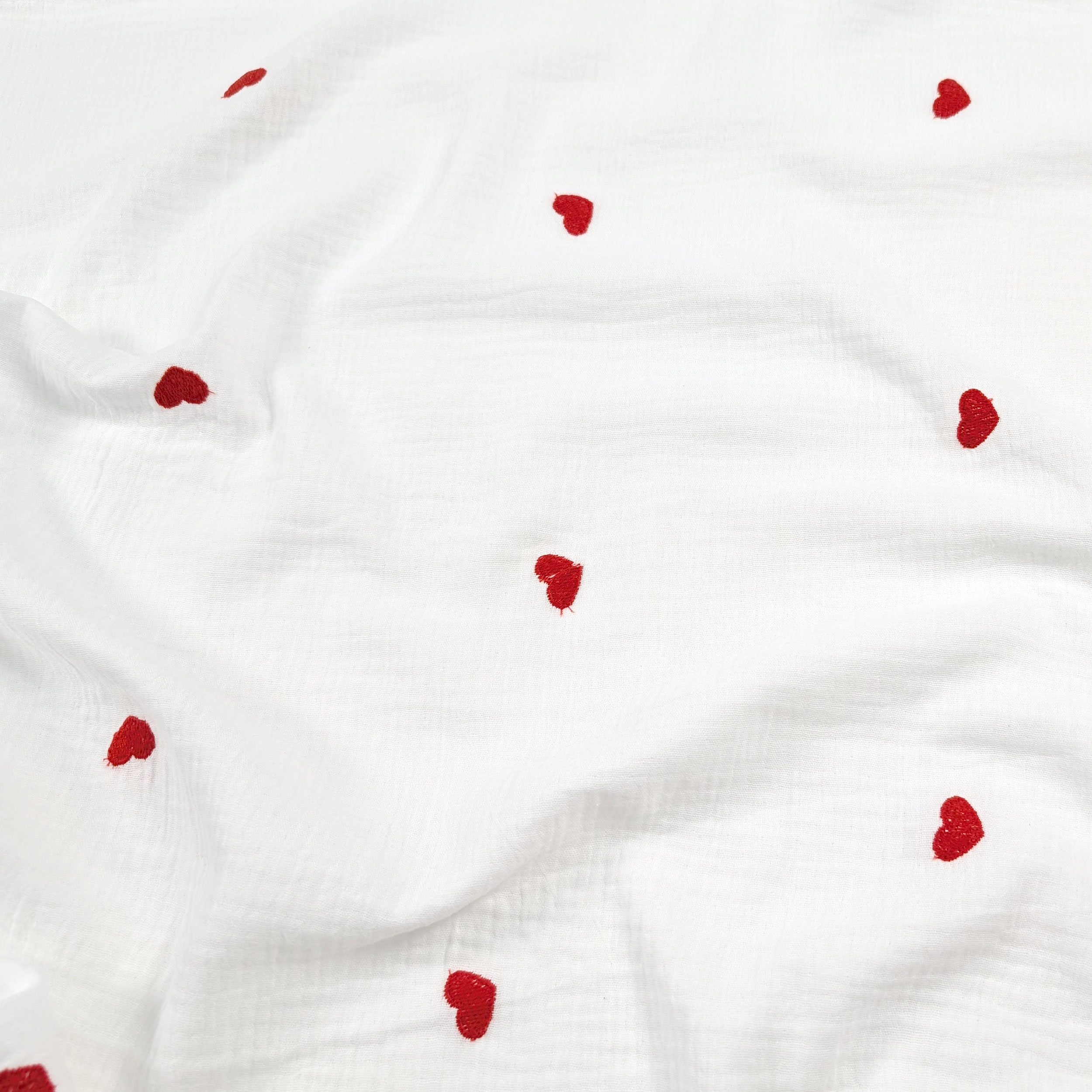 Double Gauze Cotton Muslin Red Embroidered Hearts Image
