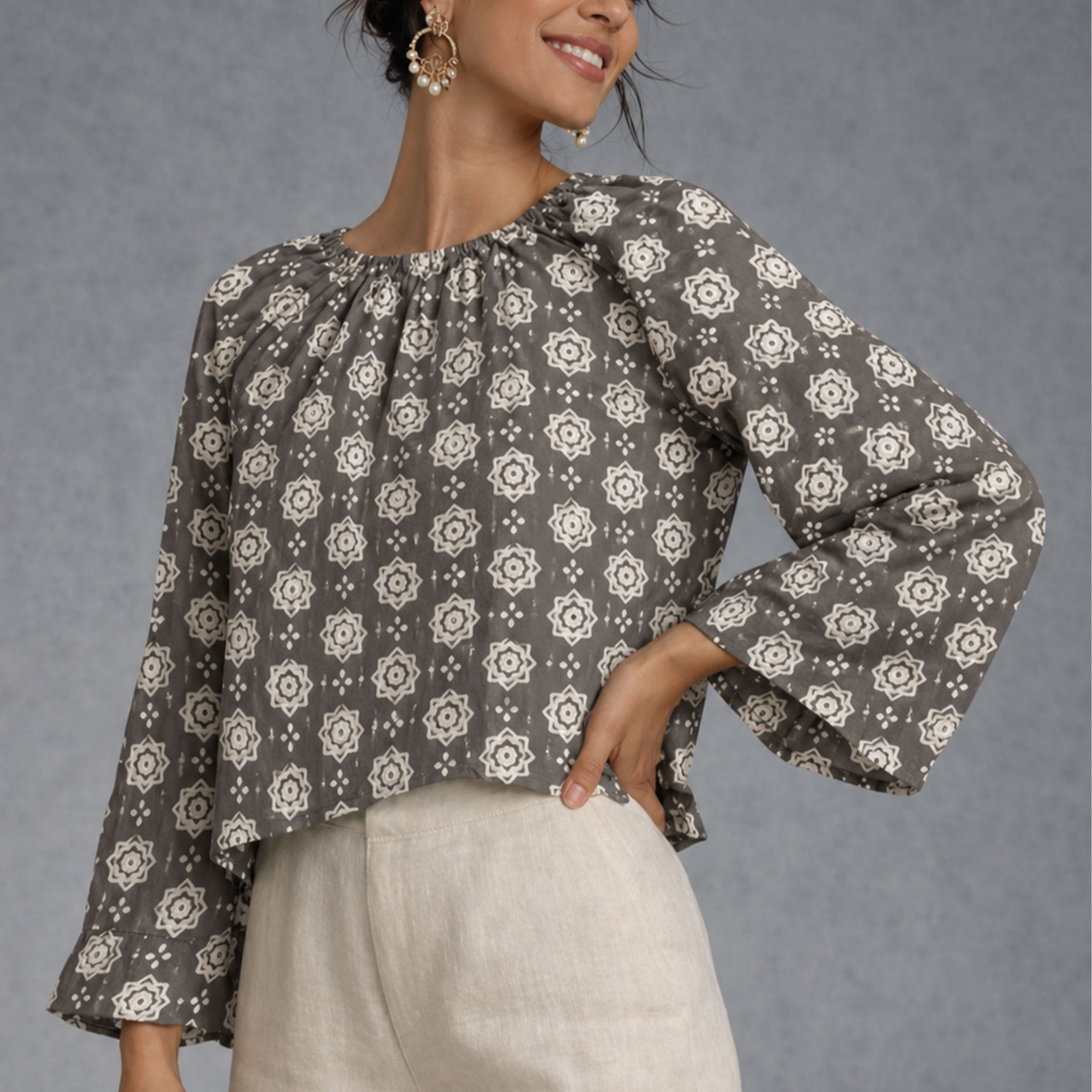Batik Patterned Cotton Muslin Grey Background Image