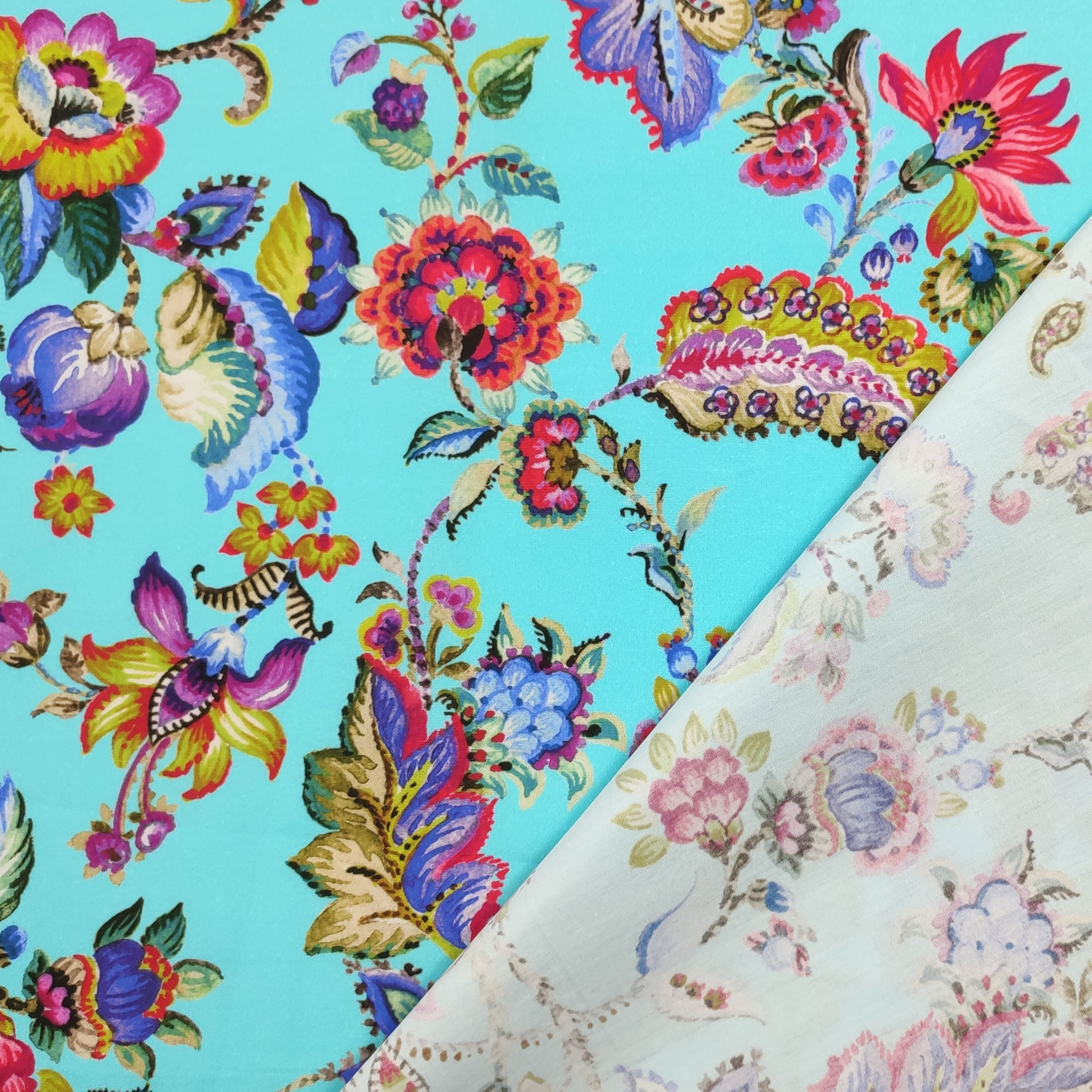 Stretch Cotton Cyan Background with Flowers