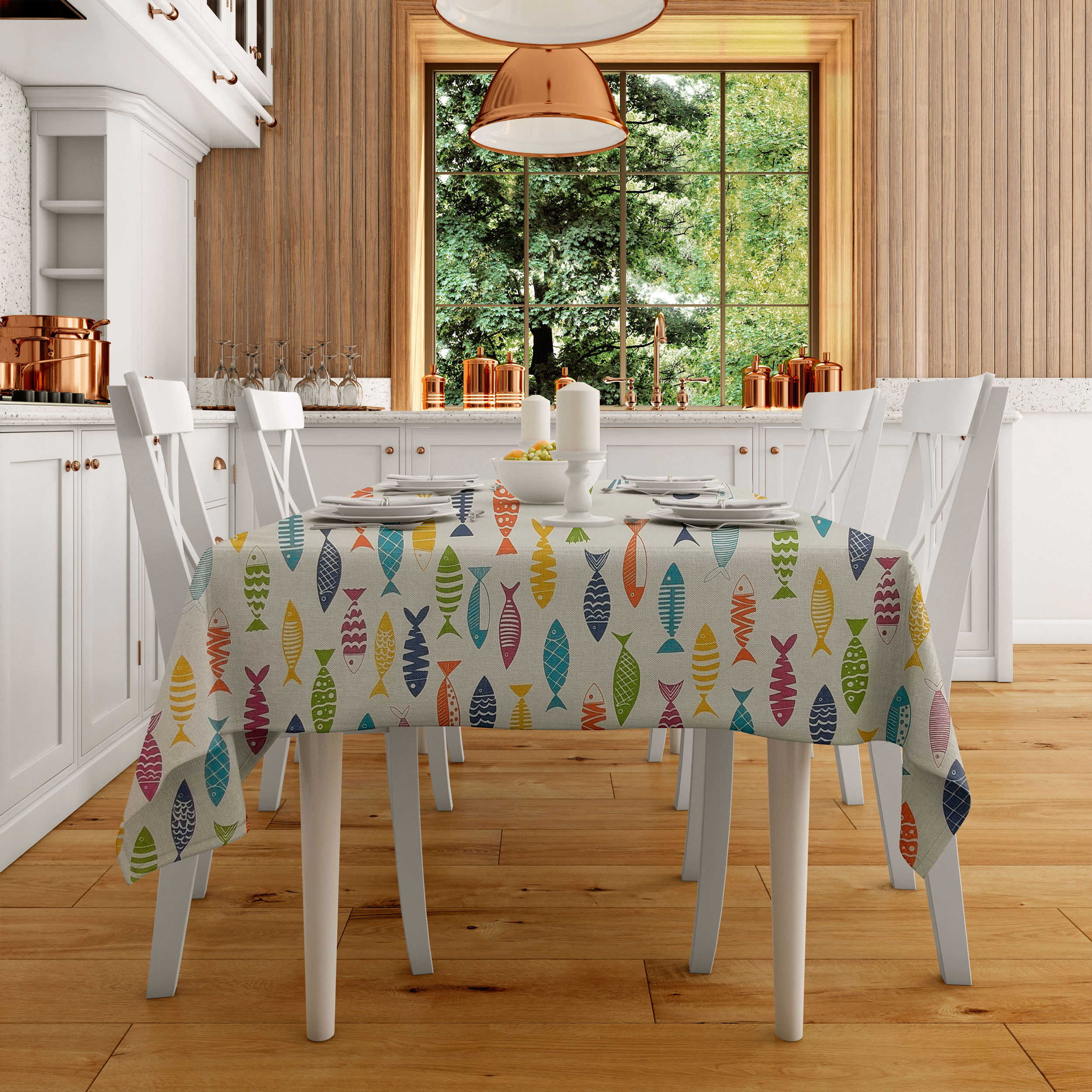 Nappe en résine de tissu découpé avec poissons colorés 200x140 cm Image