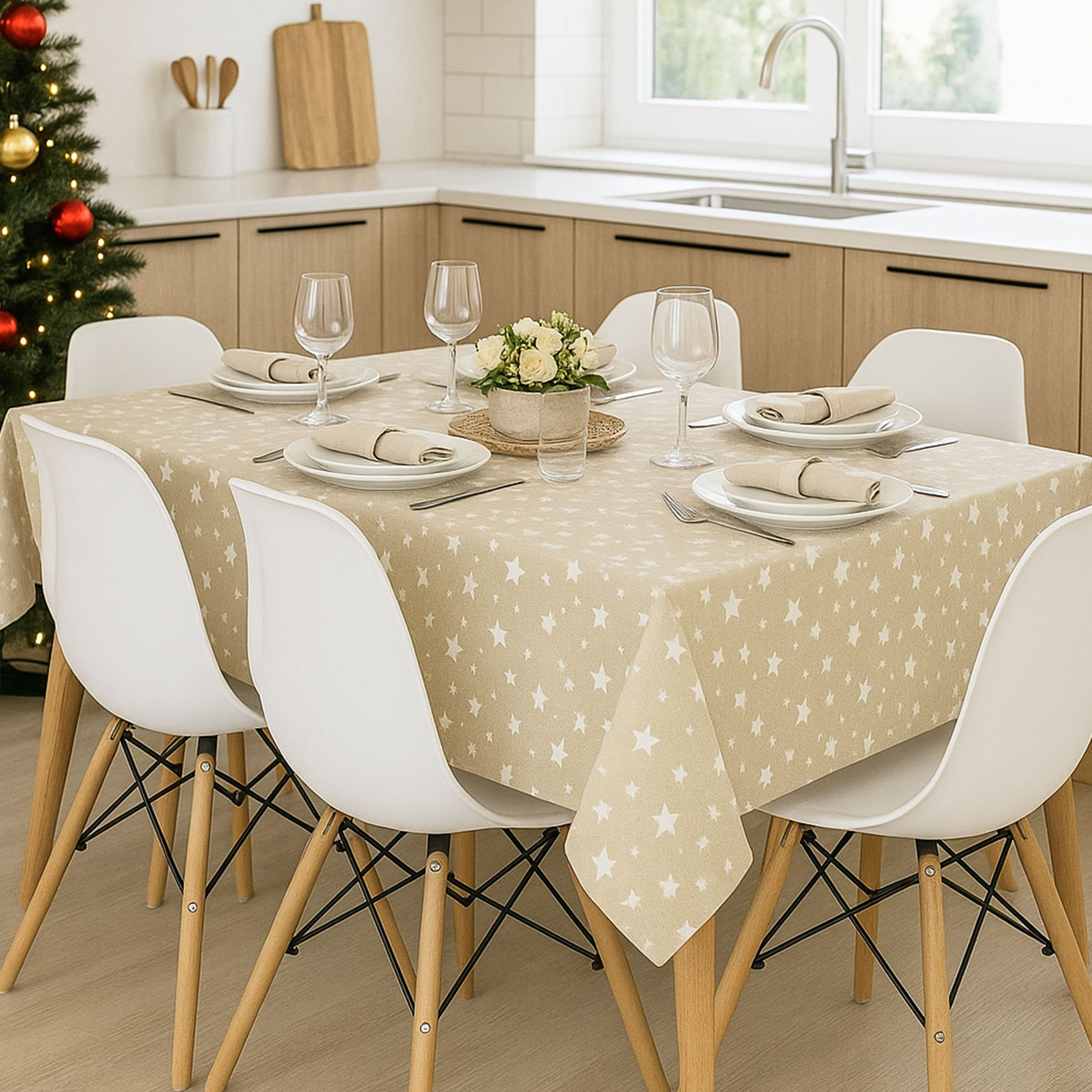 Christmas Tablecloth White Stars Image