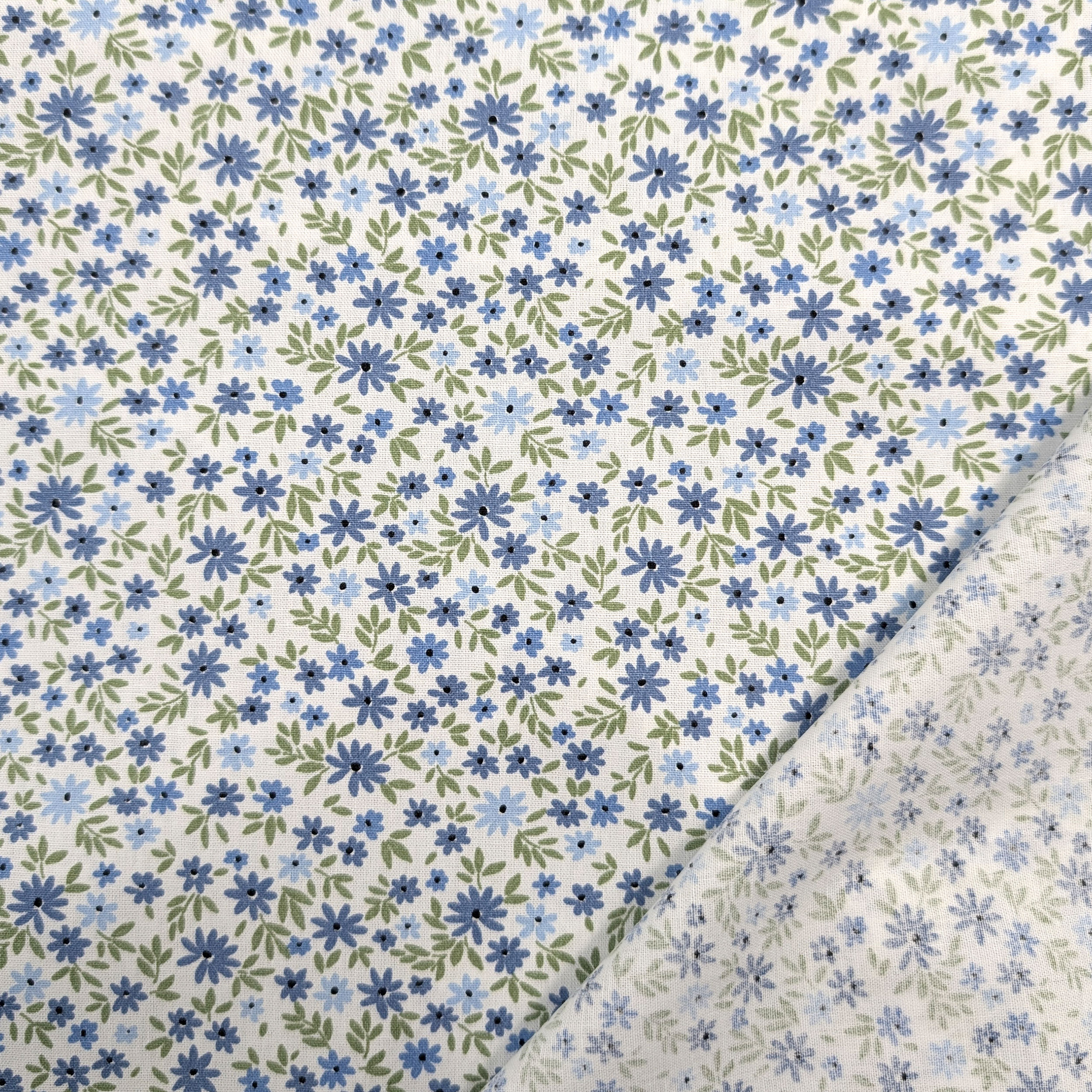 Light Blue and Blue Flowered Cotton Poplin