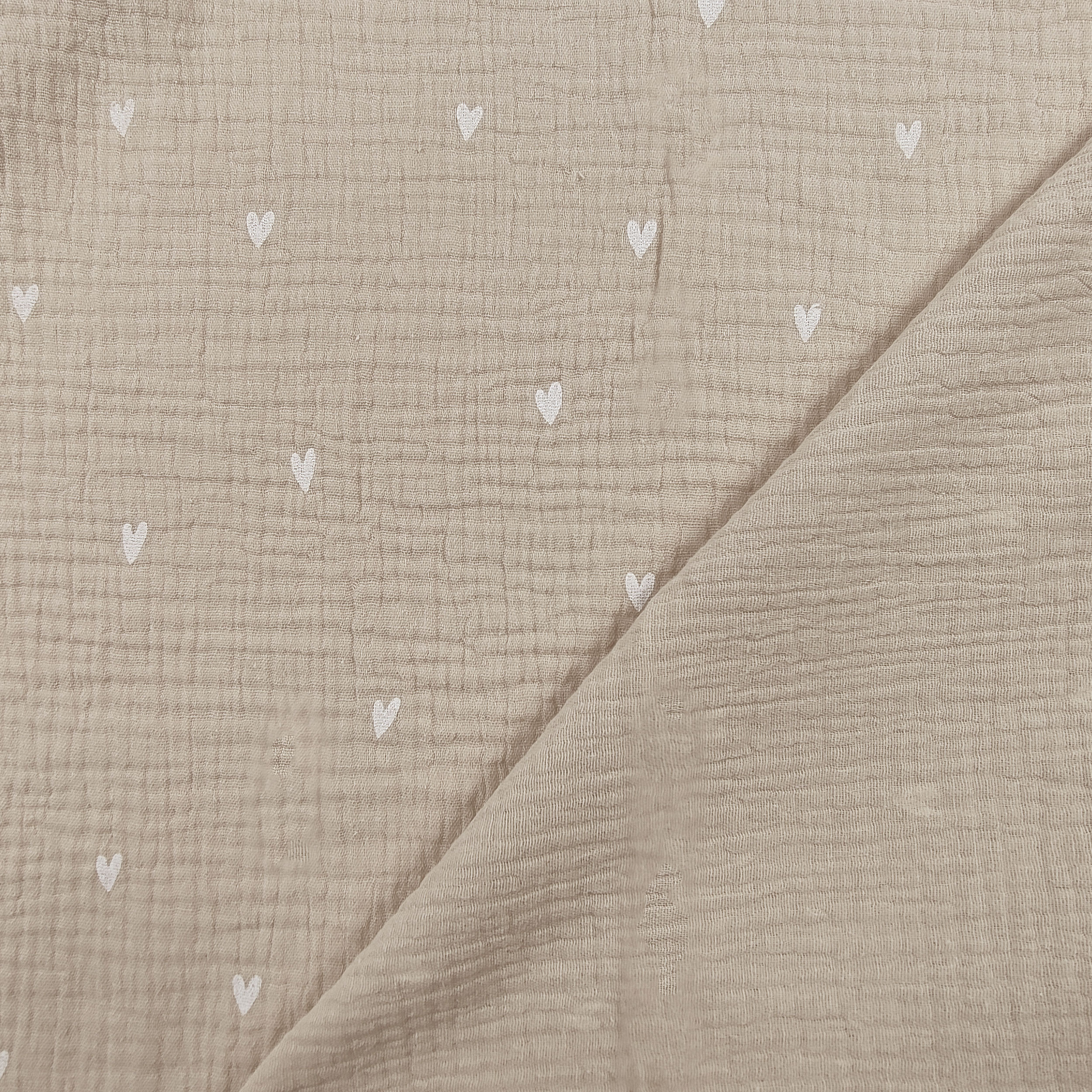 Baumwolle Musselin Beige Weiß Herzen
