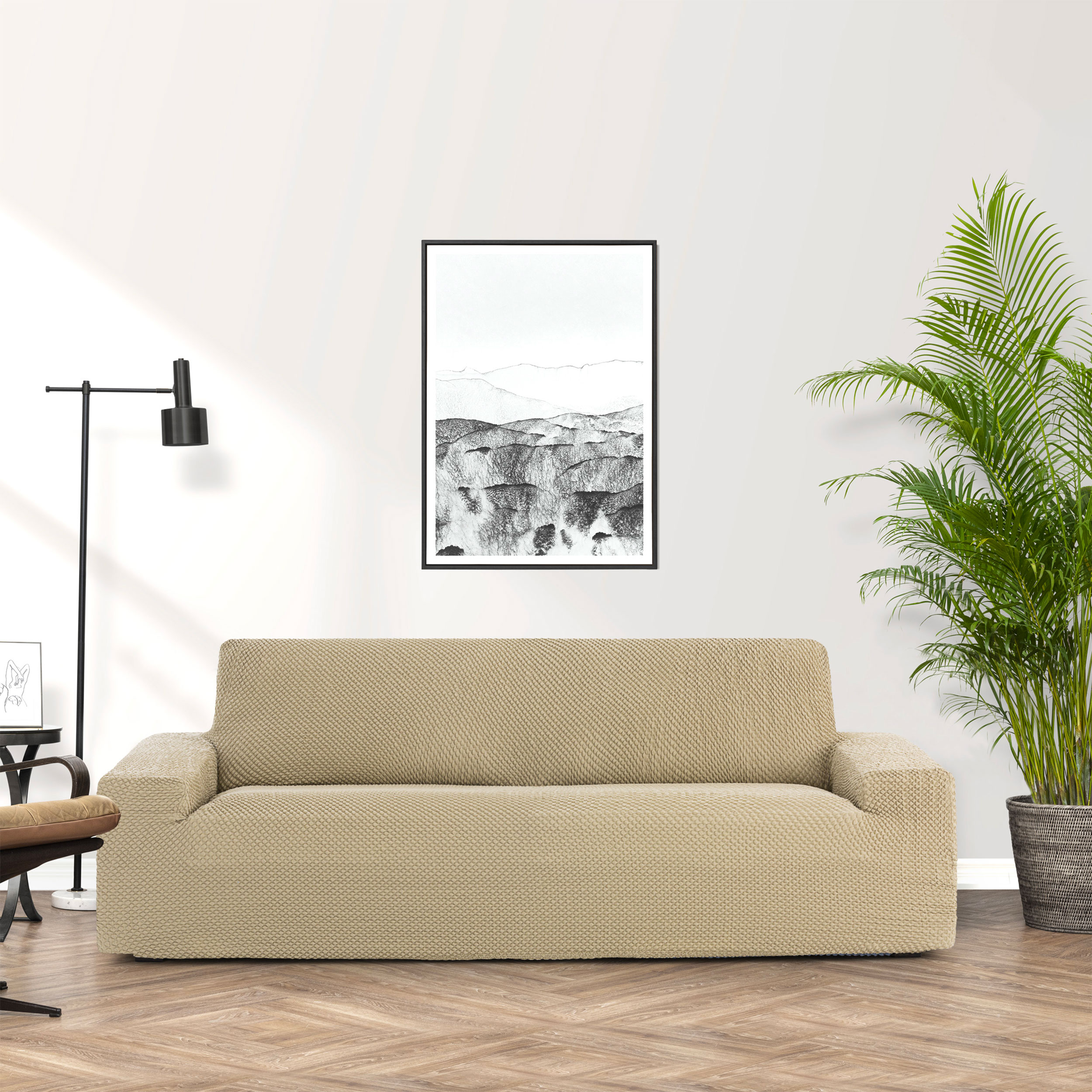 Bi-elastic Embossed Sofa Cover Large Beige 3 Squares