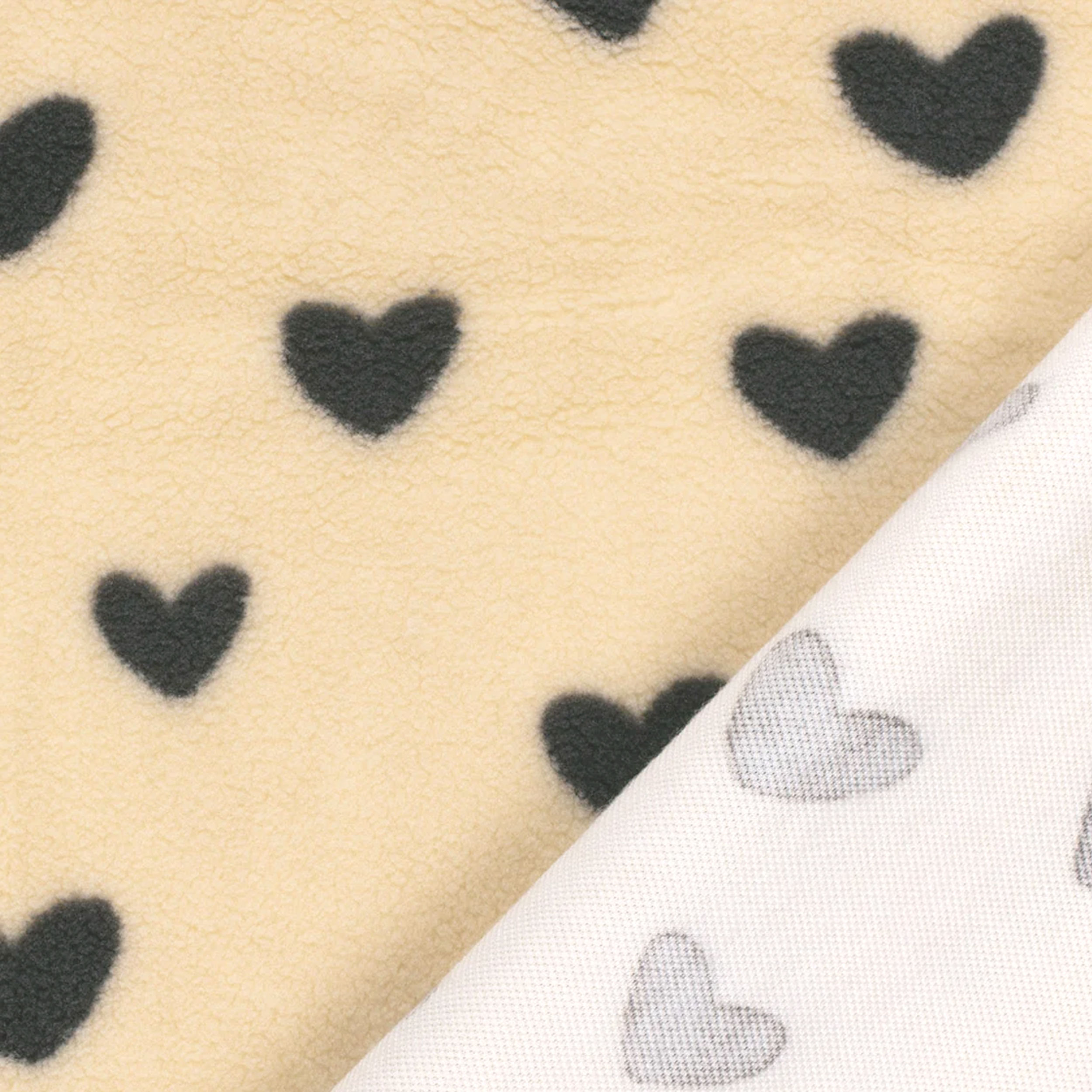 Tissu Sherpa Beige Black Hearts