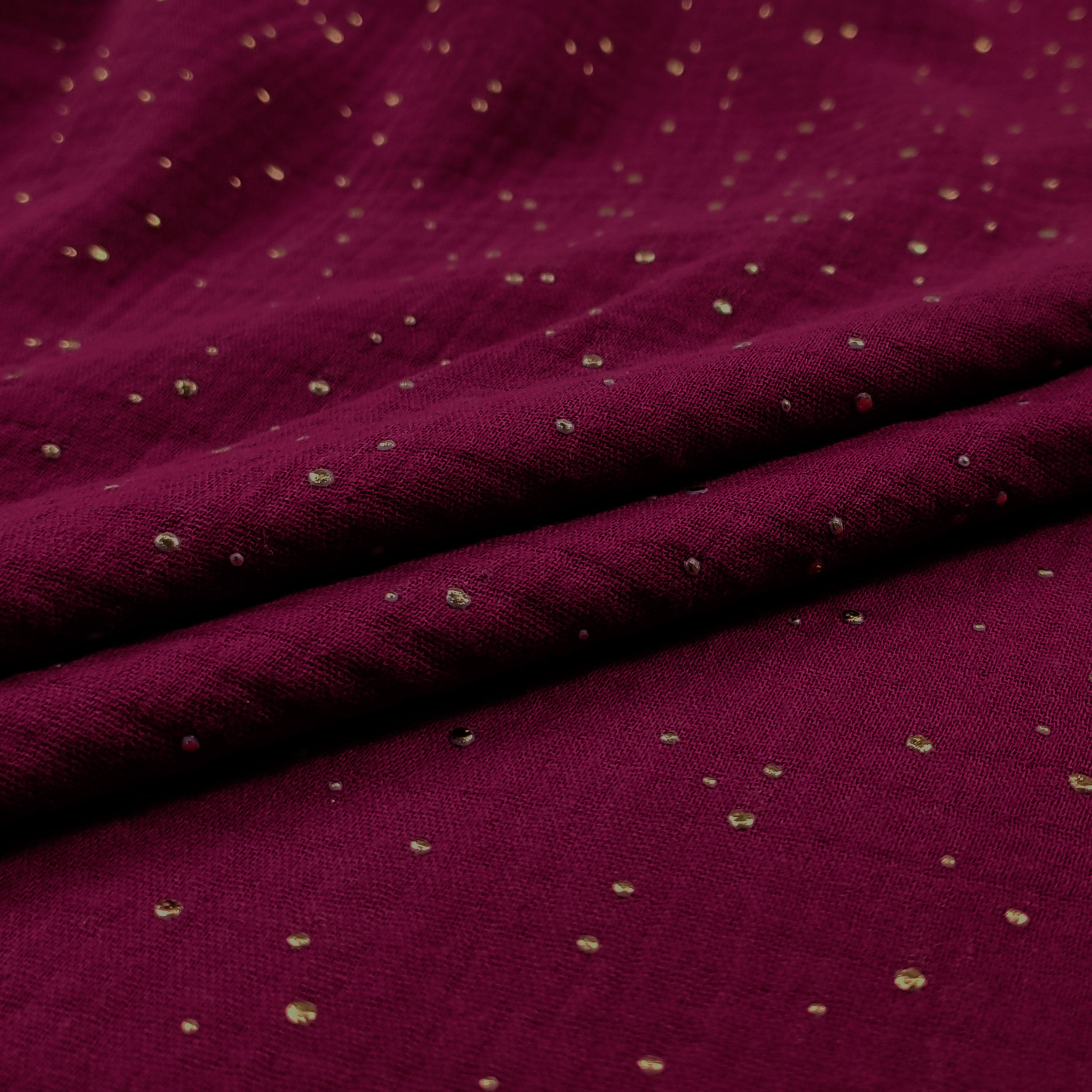 Bordeauxfarbener Baumwollmusselin mit goldenen Polka Dots