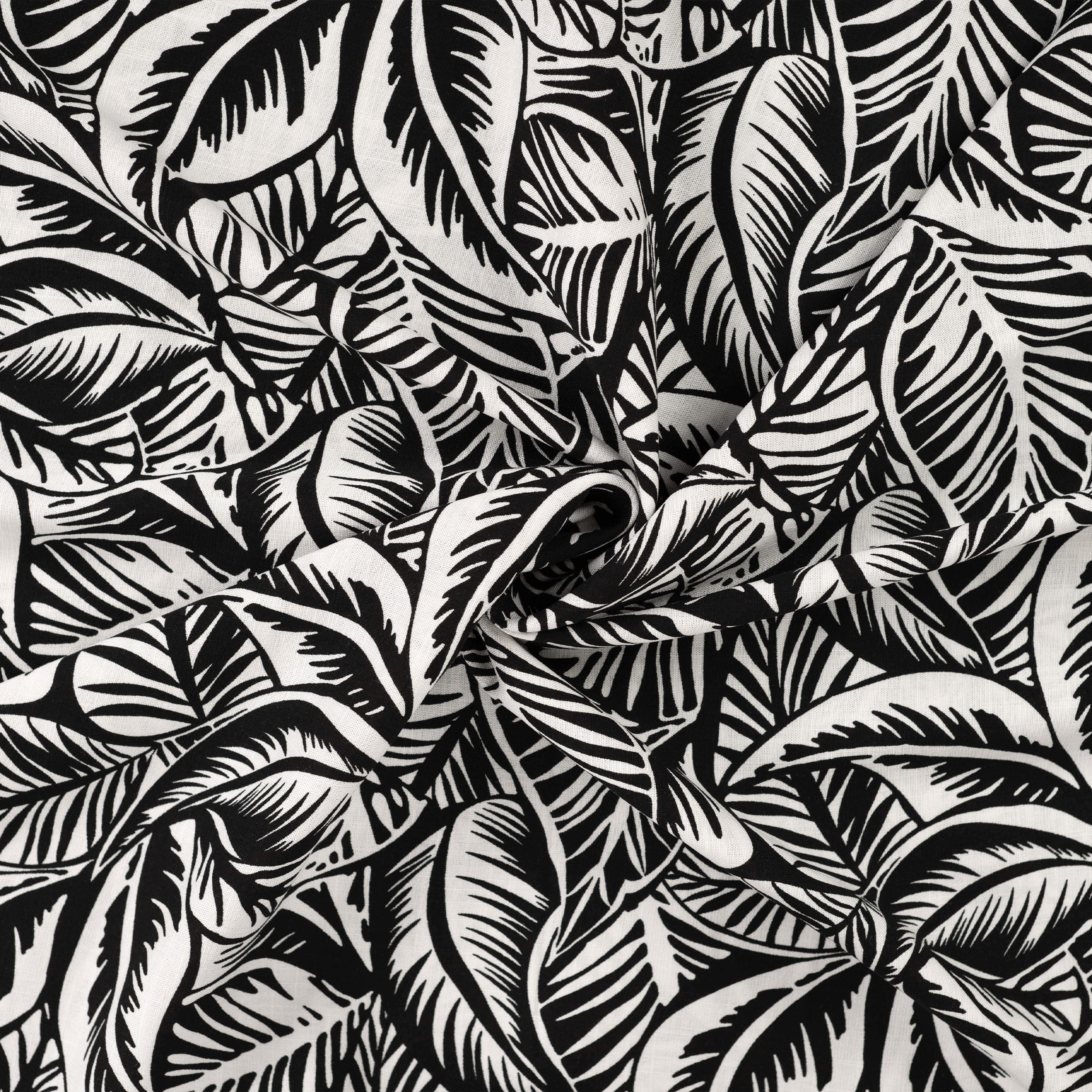 Linen Blend Black and White Leaves Image