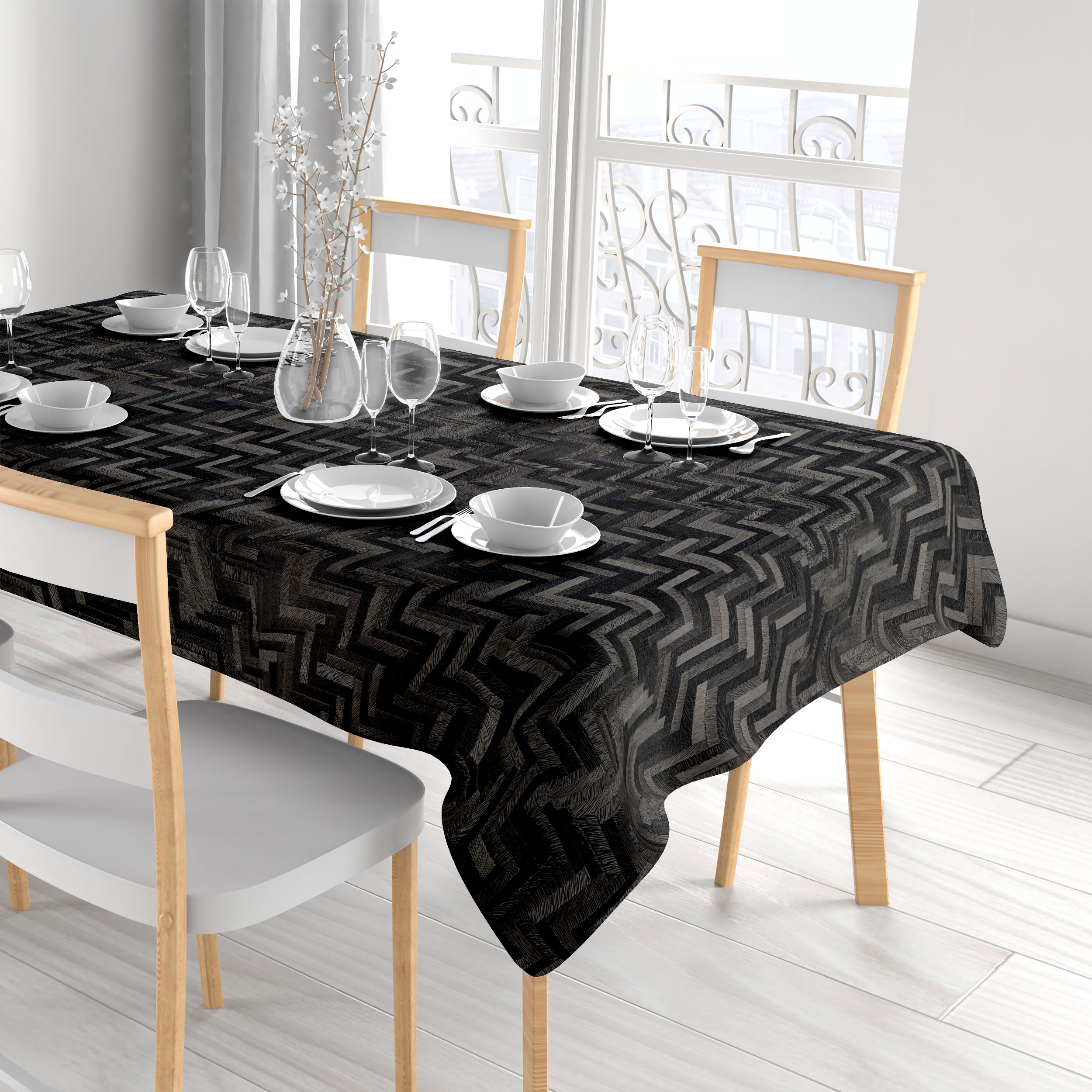 Tissu pour nappe plastifiée Géométrie des lignes Noir Image