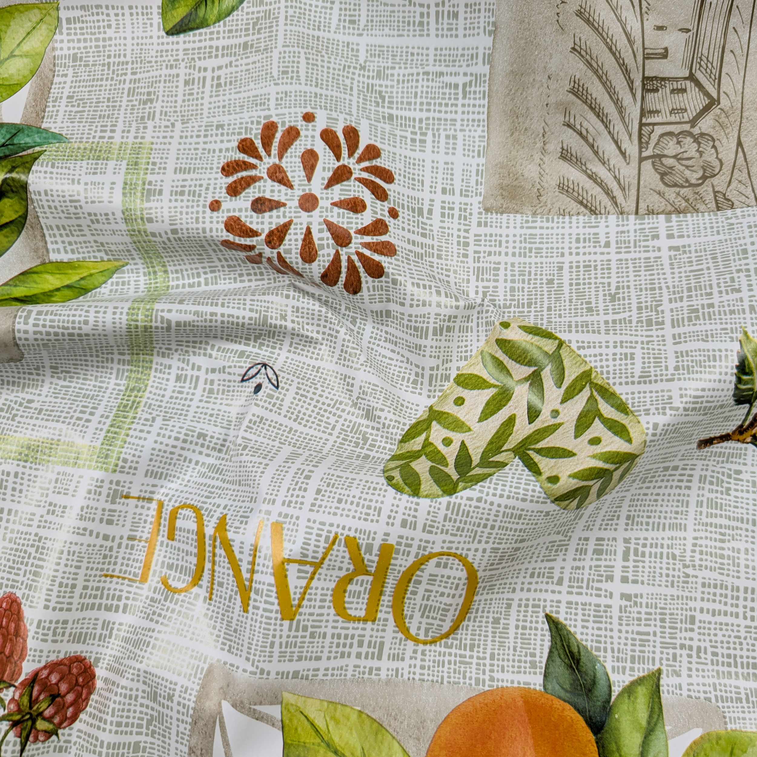 Fabric for Plasticised Tablecloth Fruits and Writings Image