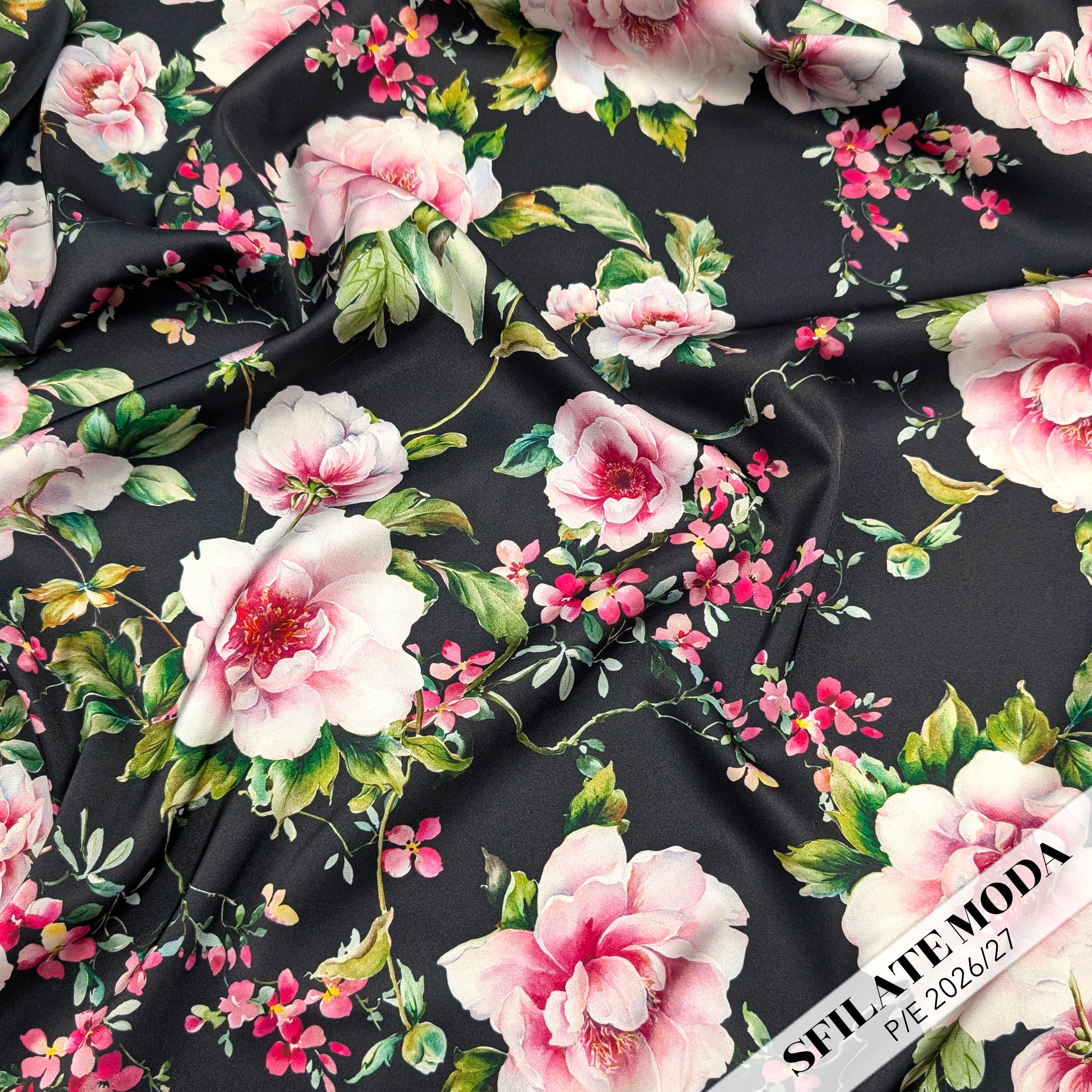 Satin Set High Fashion Pink Flowers Black Background Image