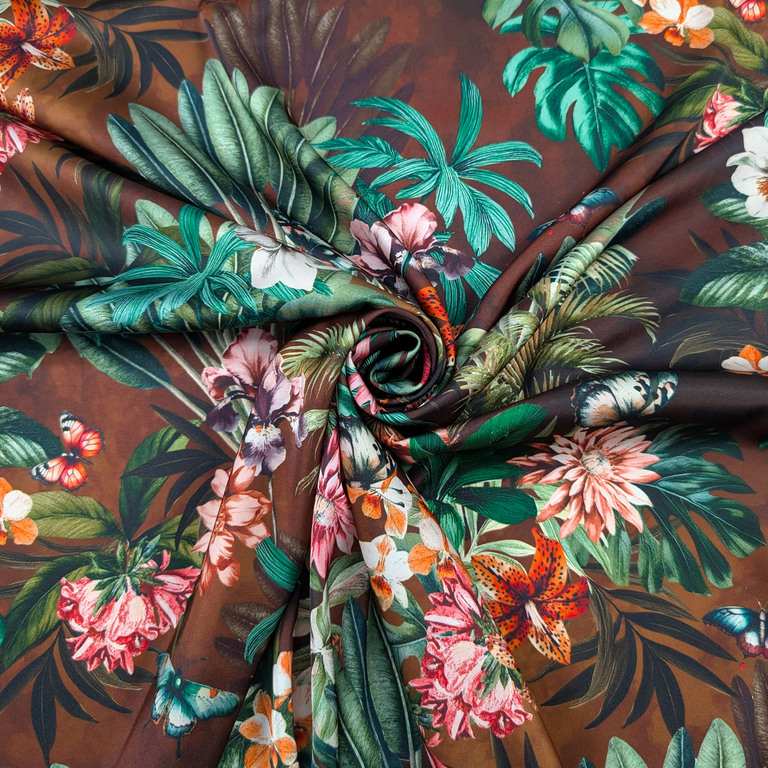Satin Set High Fashion Brown Tropical Flowers and Leaves Image