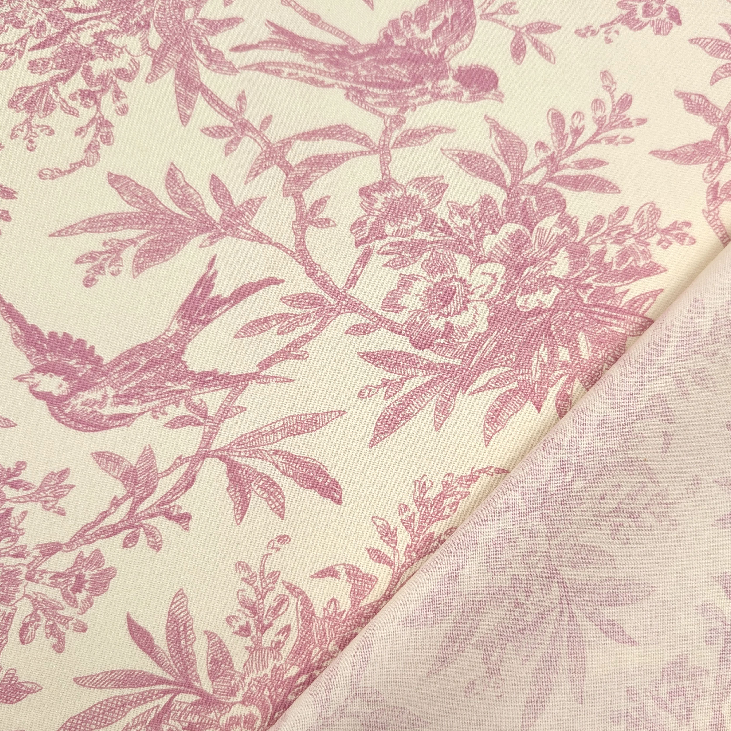 Vintage-print cotton poplin with pink birds and branches Image