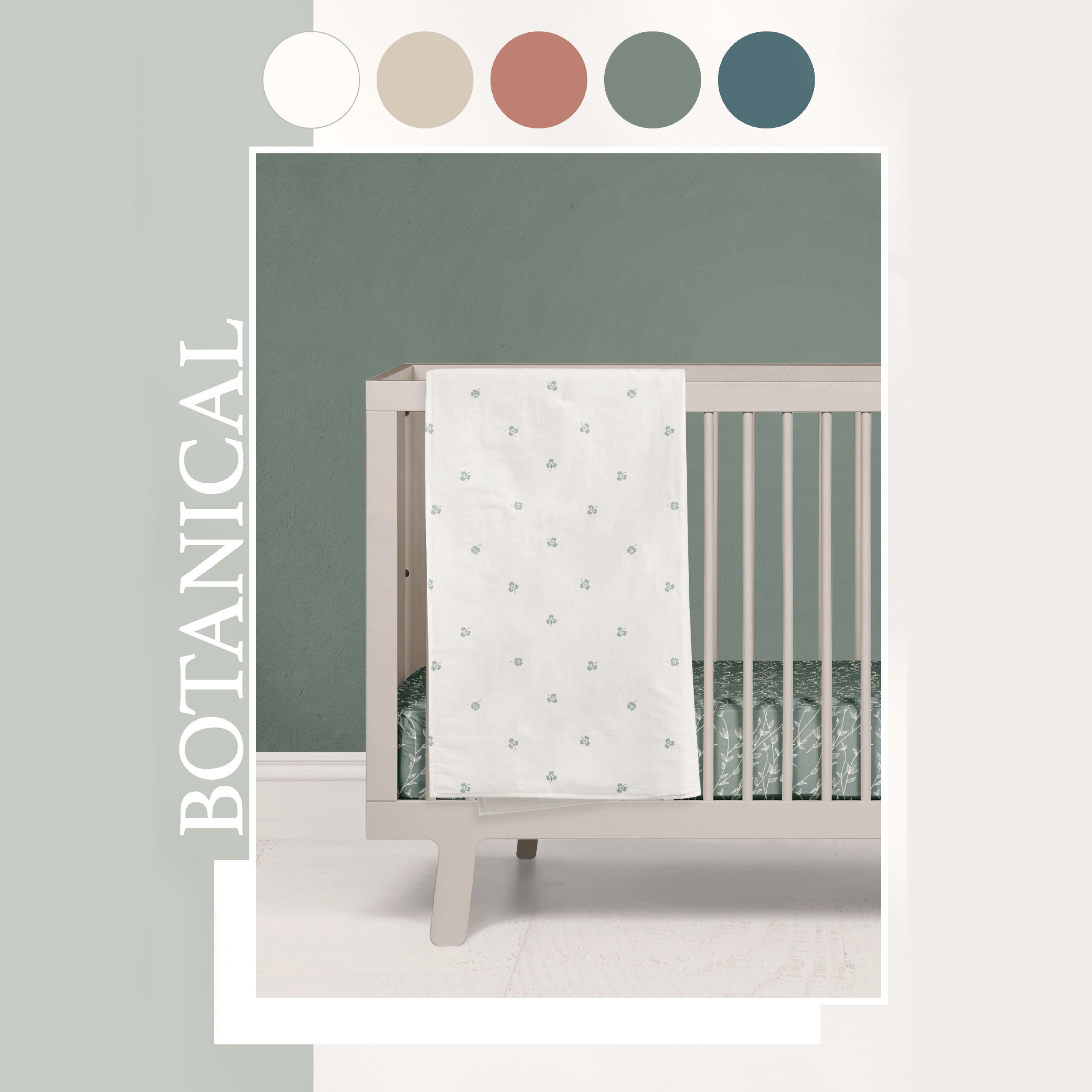 Sage Cotton Poplin with Branches and White Leaves
