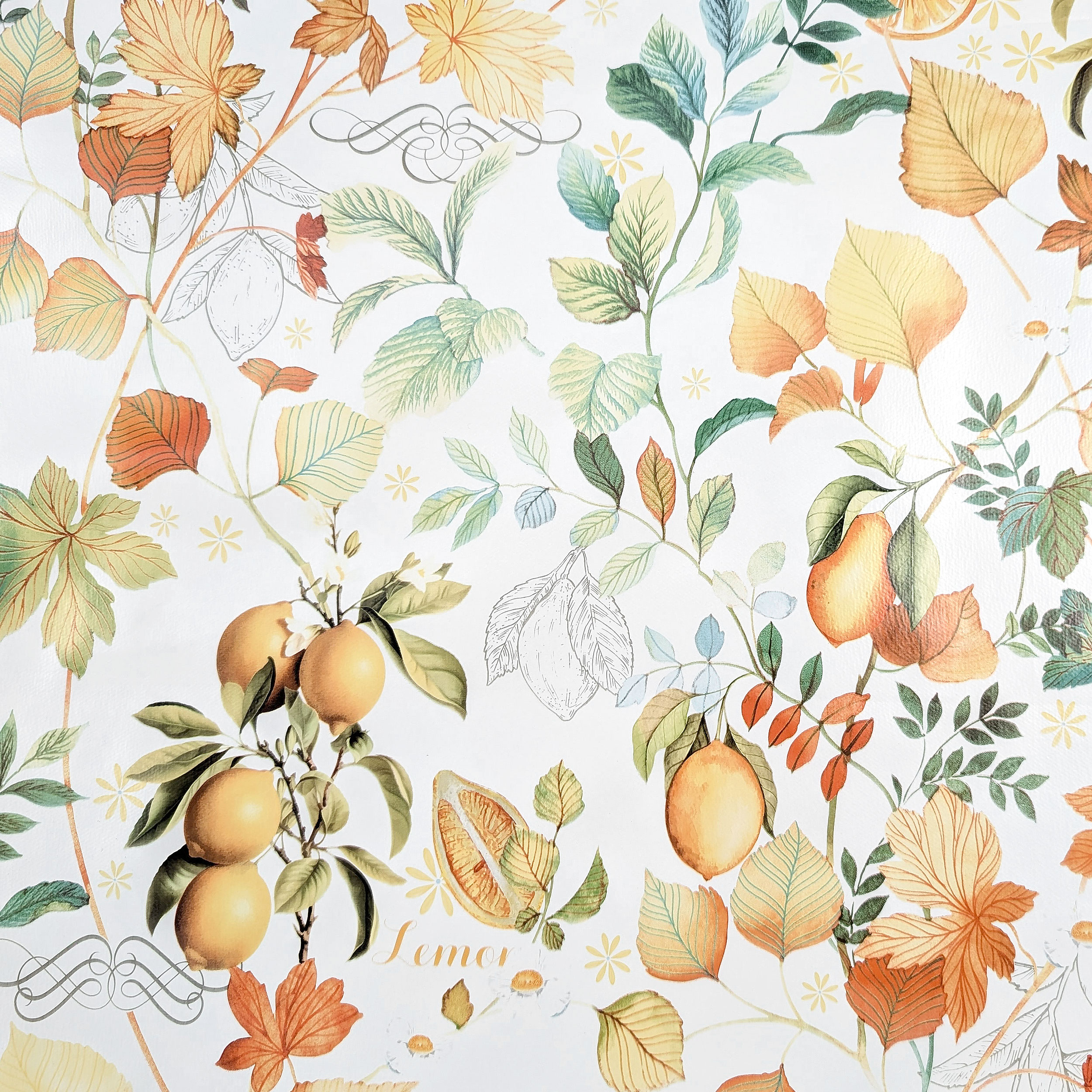 Fabric for Plastic-coated Tablecloth Lemons and Leaves Image