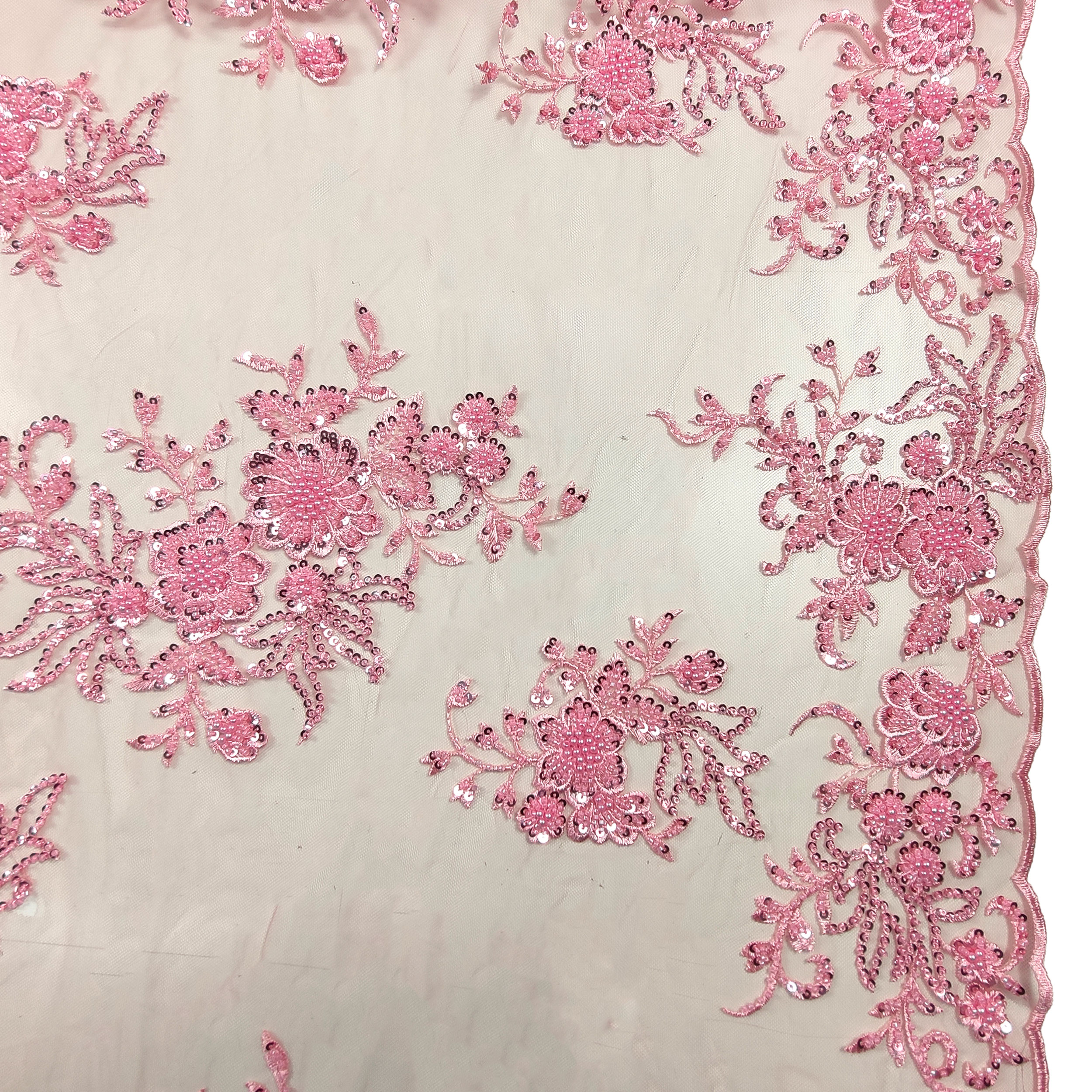 Floral Double Edge Beaded Tulle Lace - Pink 