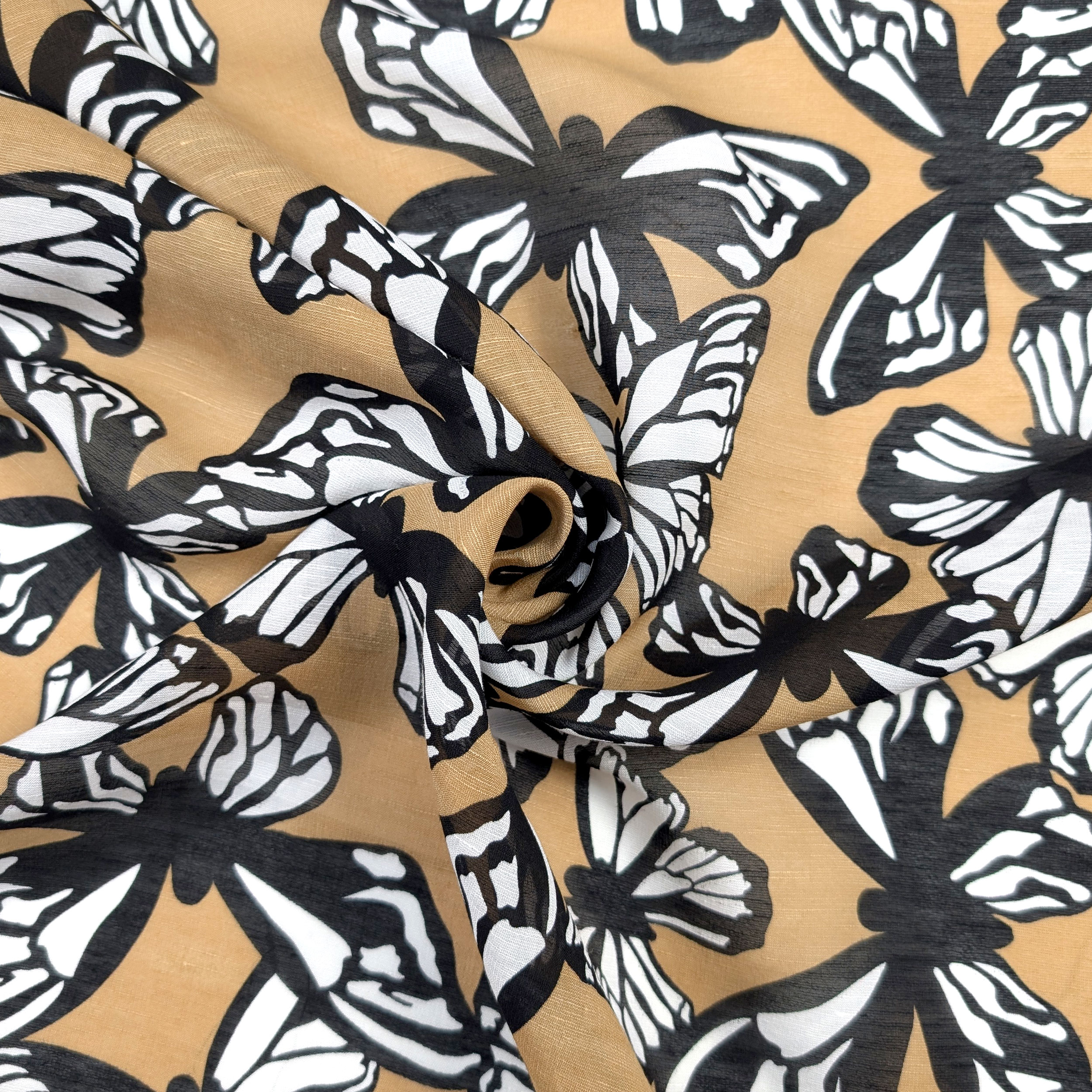 Viscose Silk Linen with Black and White Butterflies Image