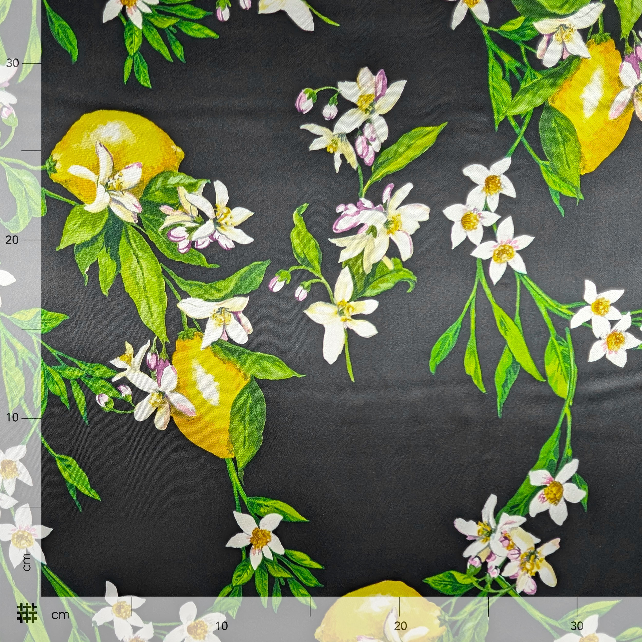 Satin Silk Viscose Natural Black Flowers and Lemons Image