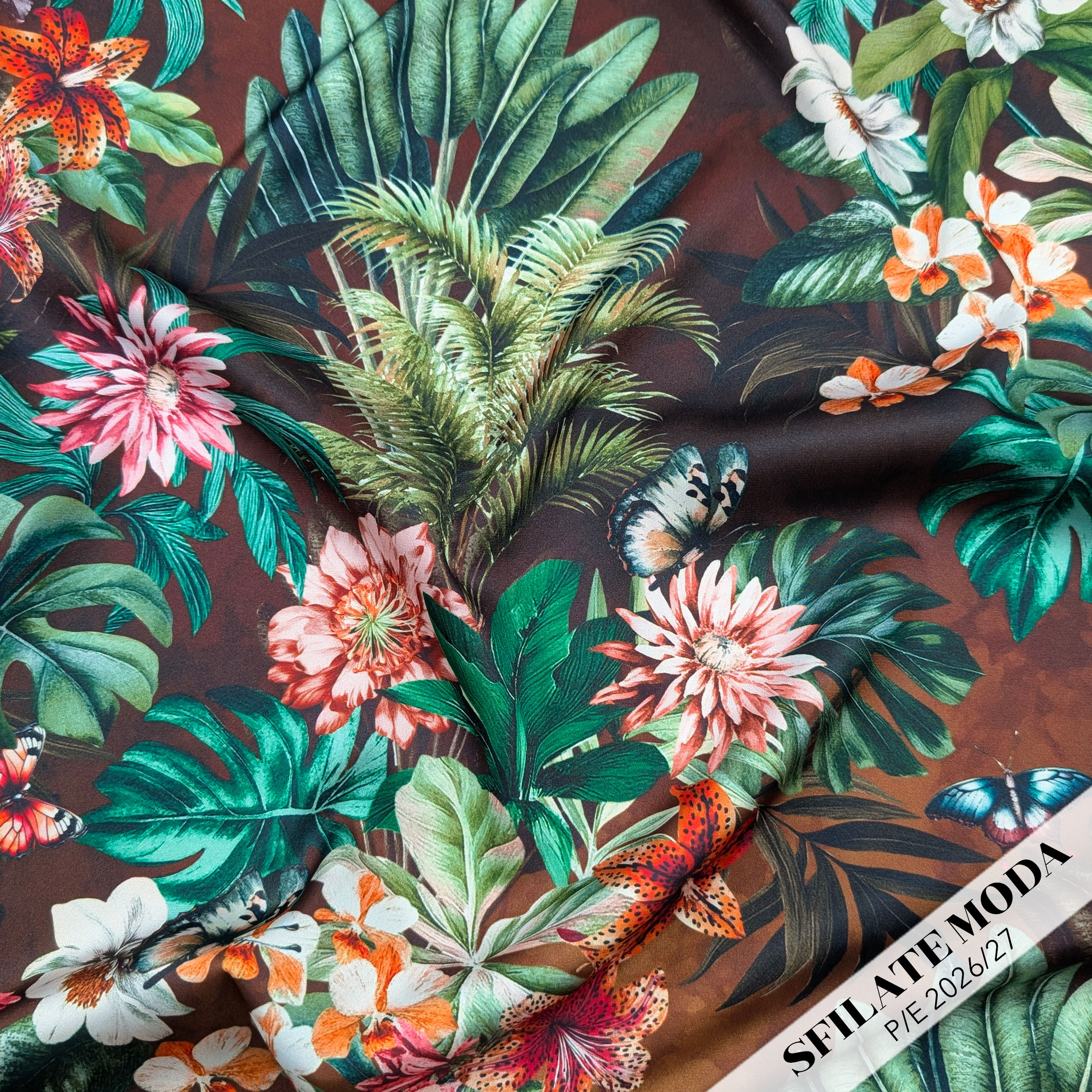 Satin Set High Fashion Brown Tropical Flowers and Leaves Image
