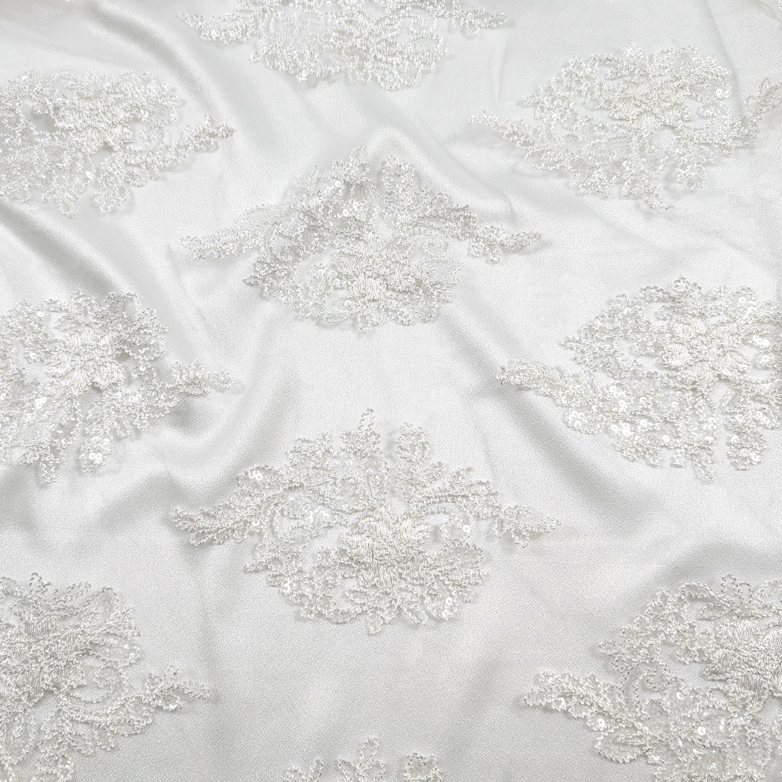 Tissu Tulle Broderie Paillettes Double Feston Blanc