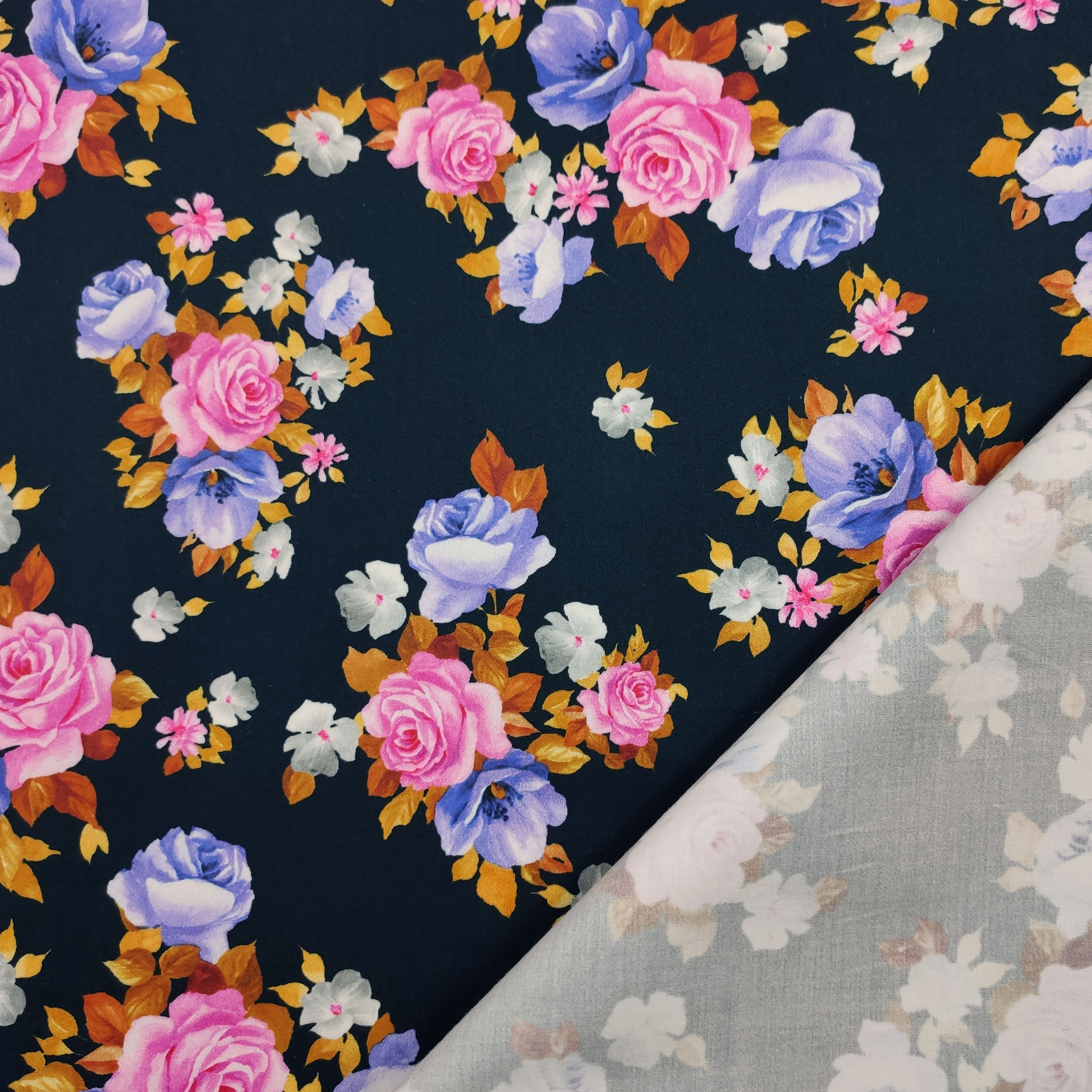 Floral Cotton Satin Navy Background
