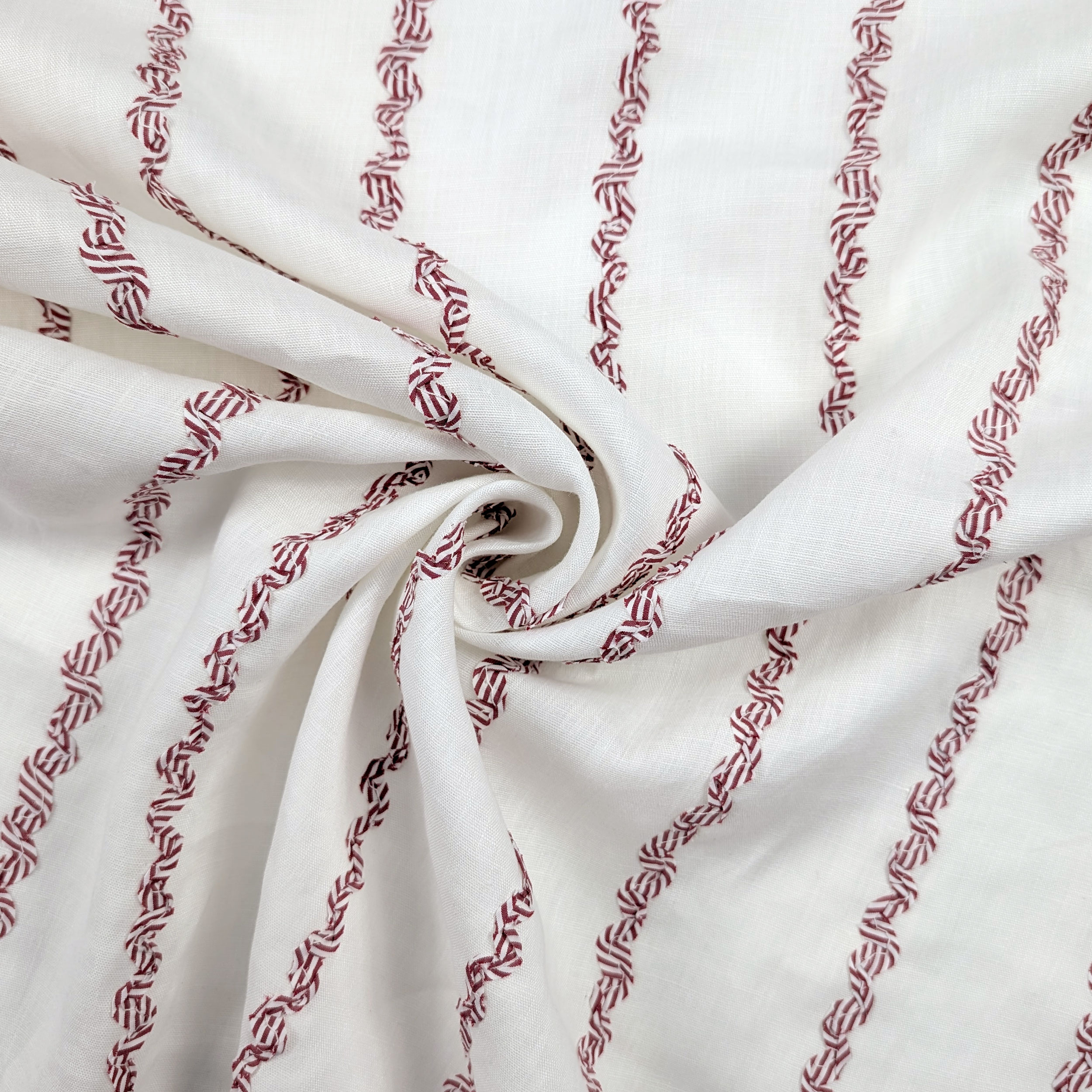Pure Linen Fabric with Red Wavy Stripes Pattern Image