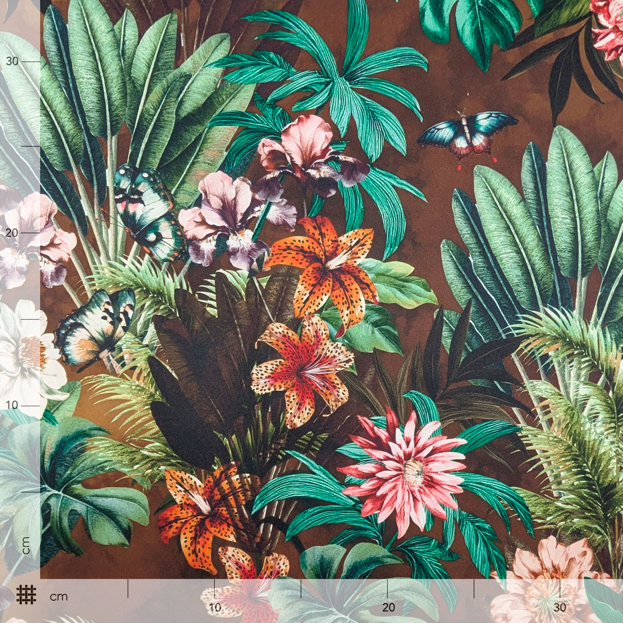 Satin Set High Fashion Brown Tropical Flowers and Leaves Image