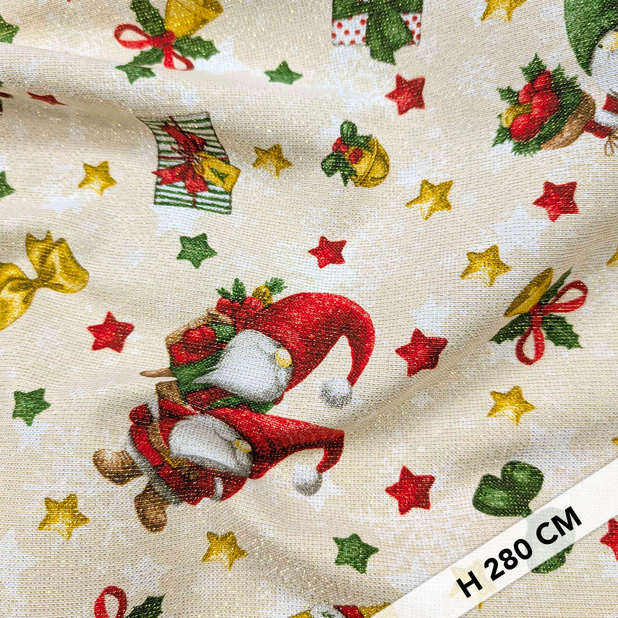 Light Gold Lurex Christmas Panama with Gnomes Image